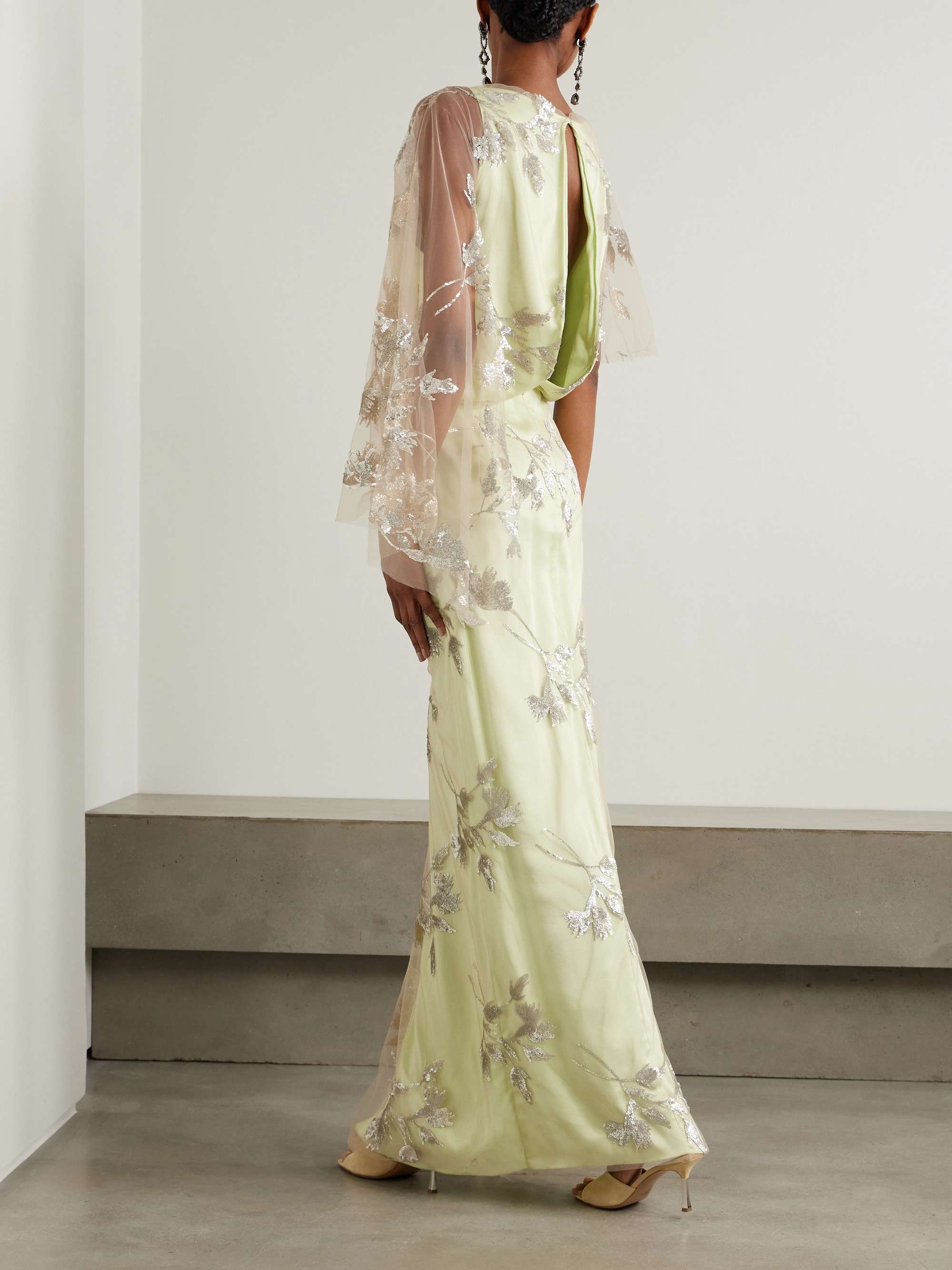 Draped asymmetric sequin-embellished tulle and satin-crepe gown view