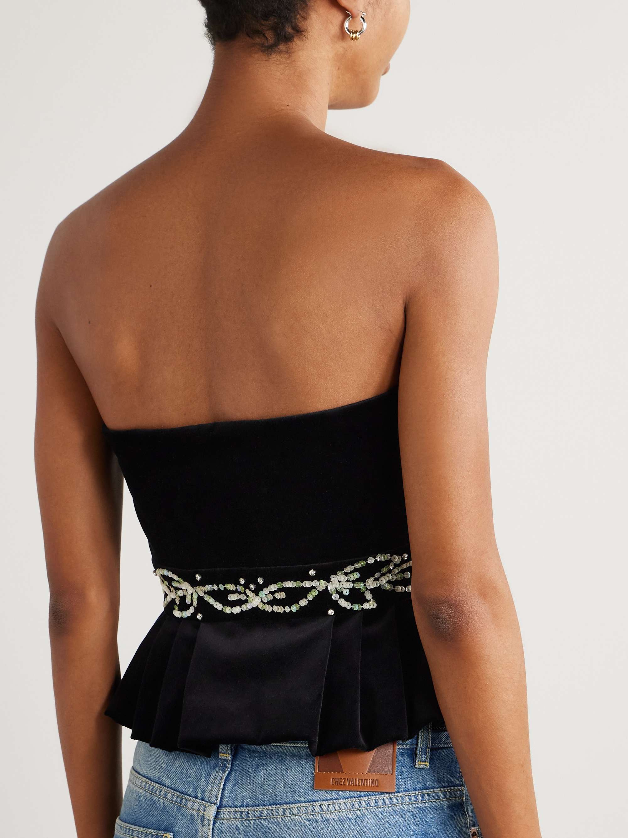 Embellished satin-trimmed cropped cotton-blend velvet peplum top view