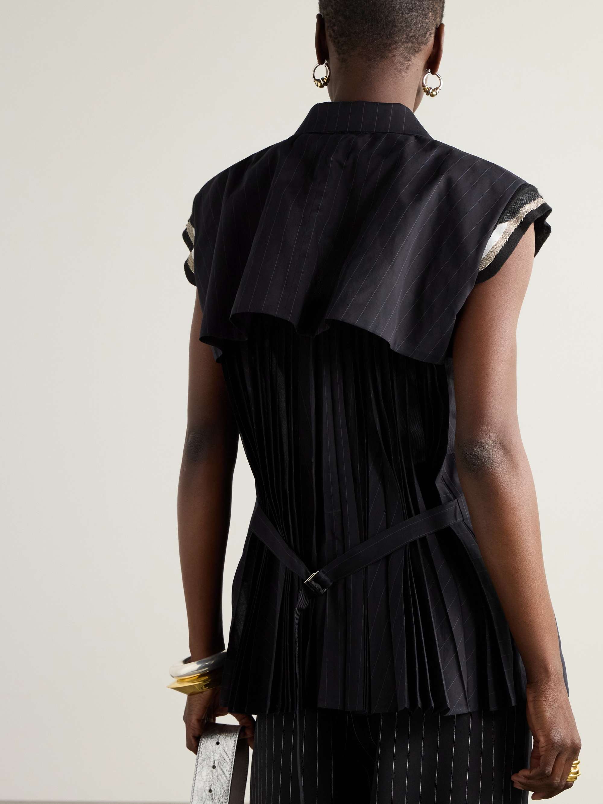 Doublre-breasted canvas-trimmed pinstriped cotton-voile vest view