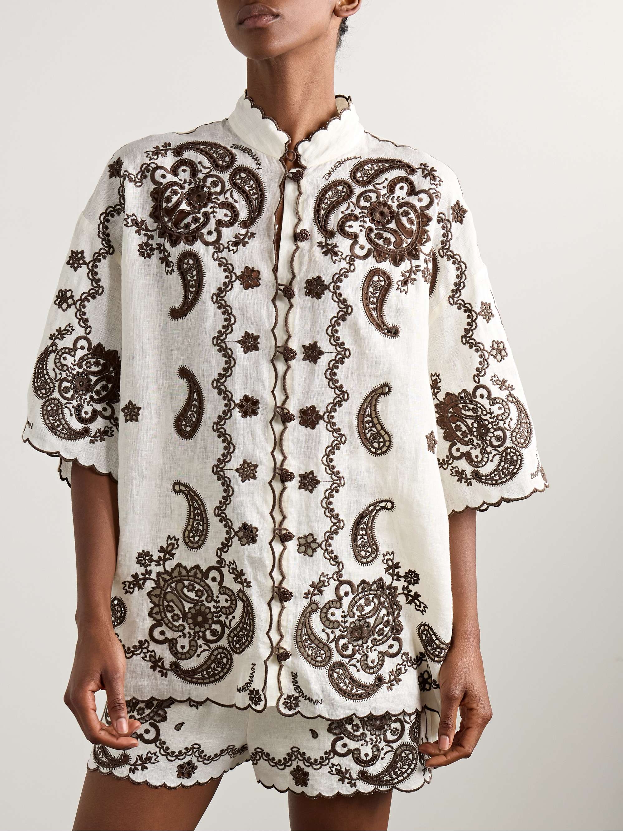 Ascension leather-trimmed broderie anglaise linen shirt view