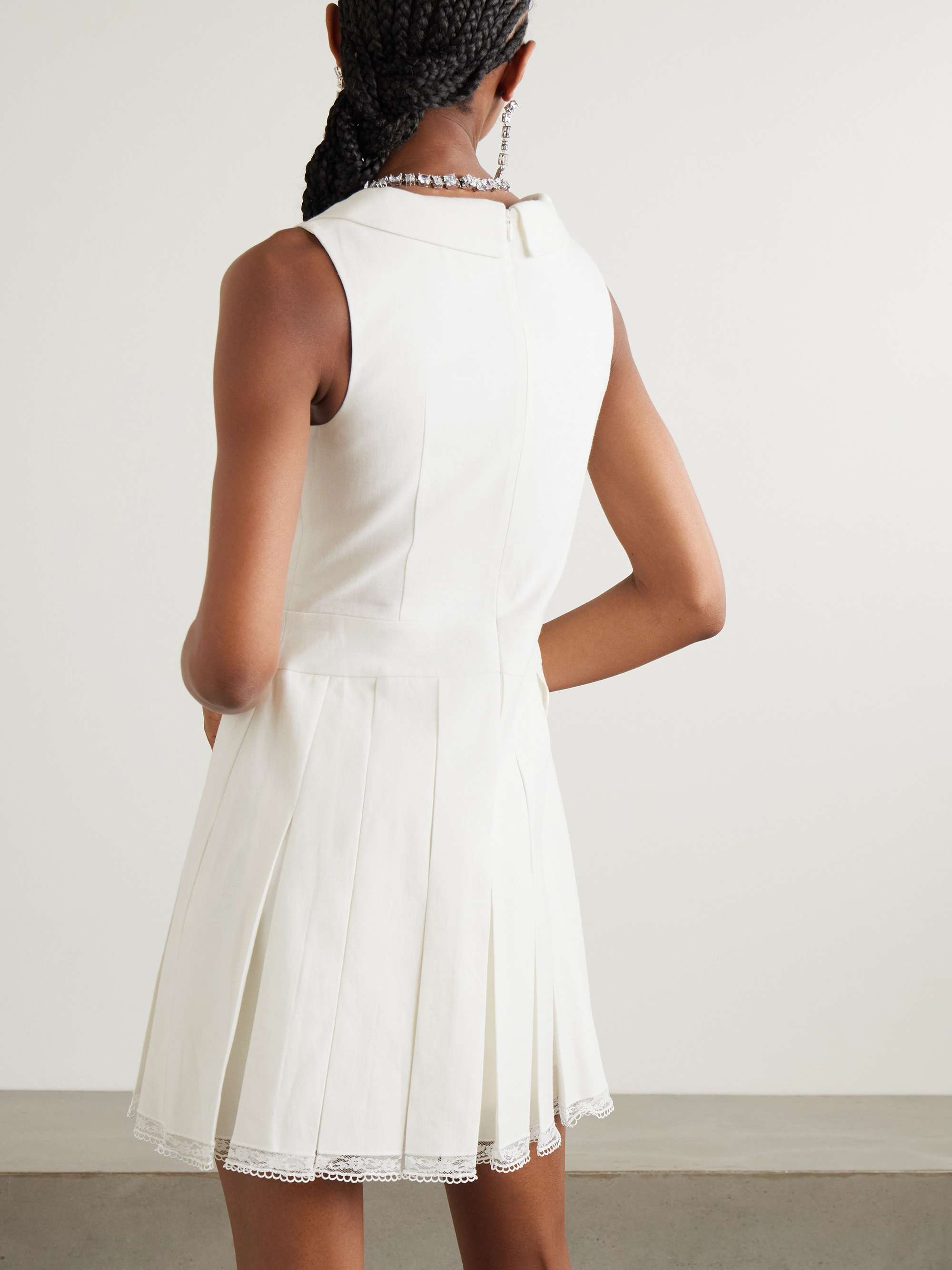 Lace-trimmed pleated wool and linen-blend mini dress view