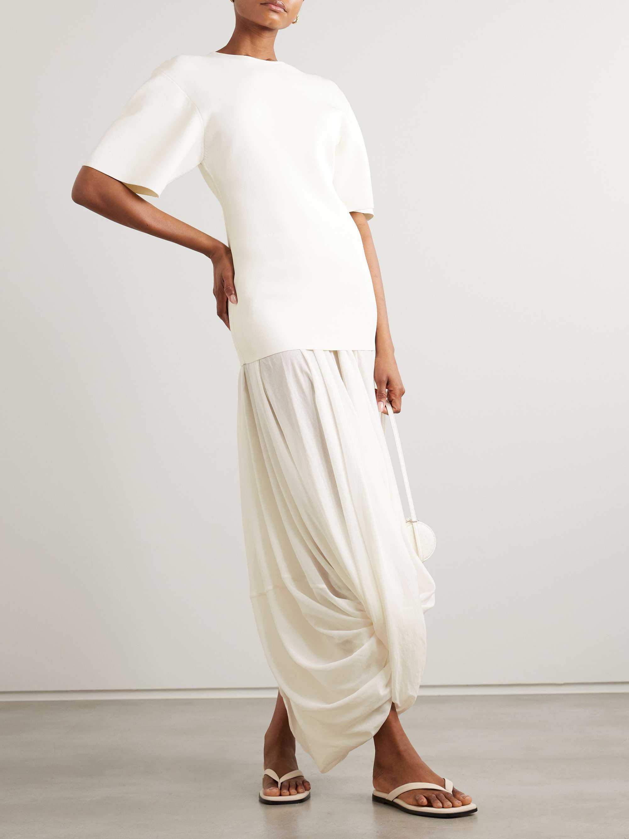 Cocoon draped voile-paneled knitted maxi dress view