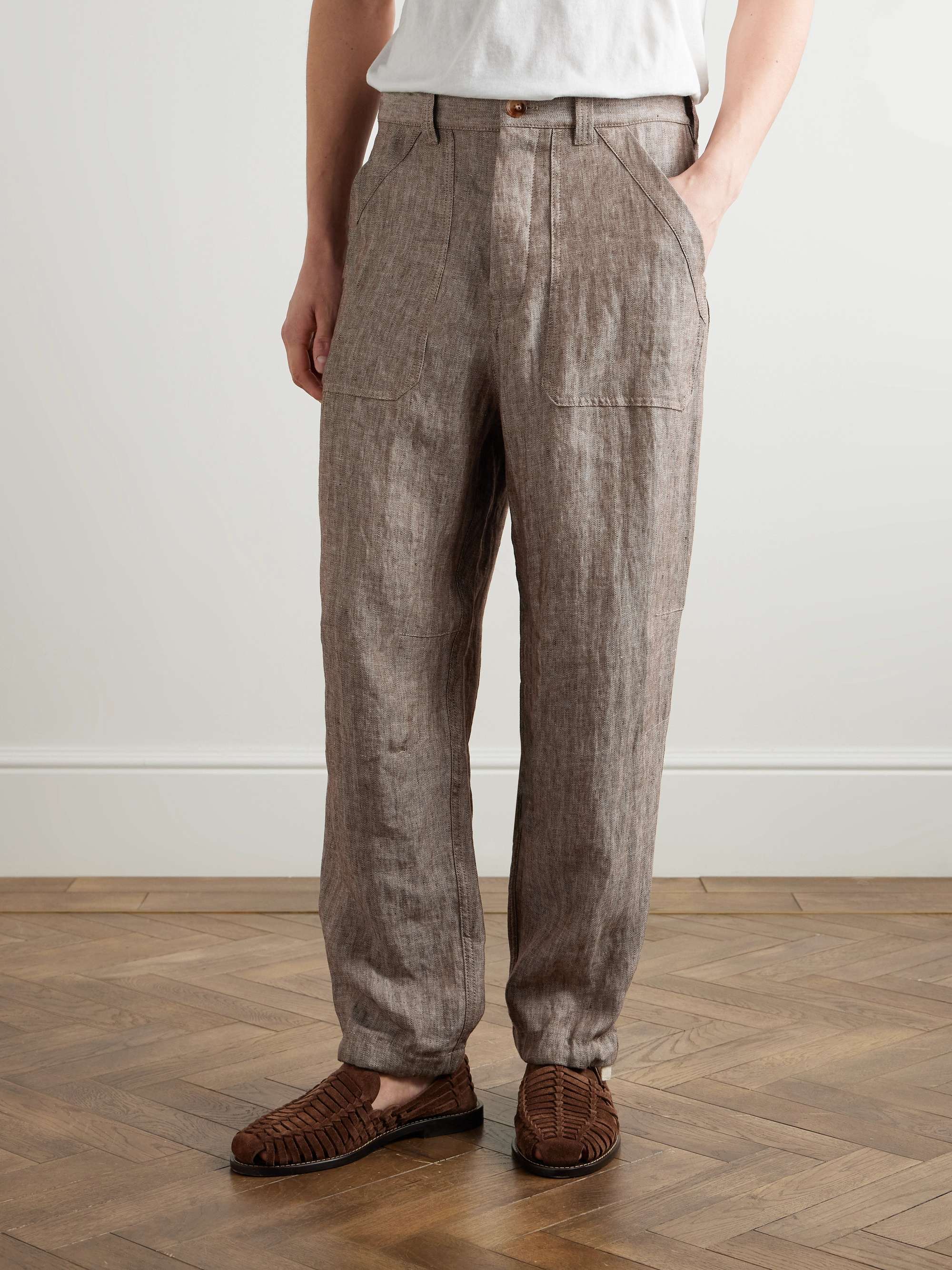 Straight-Leg Herringbone Linen Trousers view