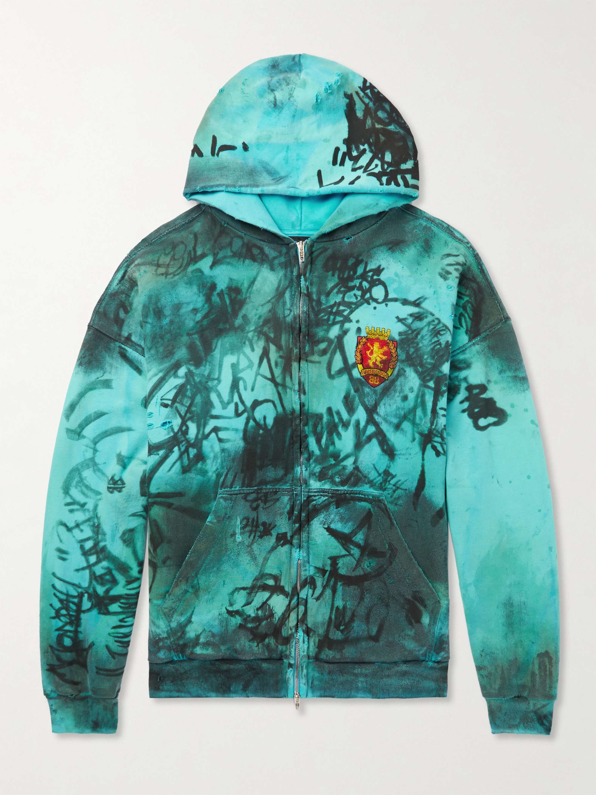 Logo-Appliquéd Distressed Printed Cotton-Jersey Zip-Up Hoodie hero visual