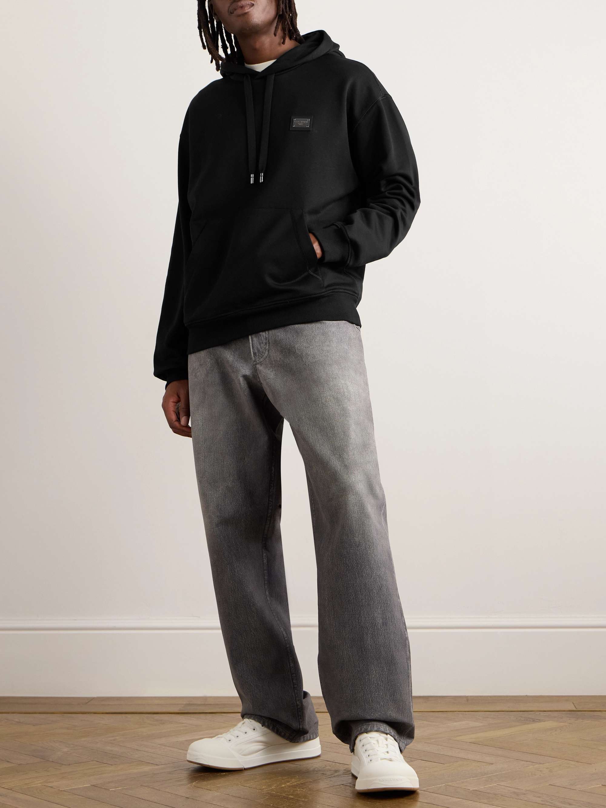 Leather-Trimmed Logo-Appliquéd Cotton-Jersey Hoodie view