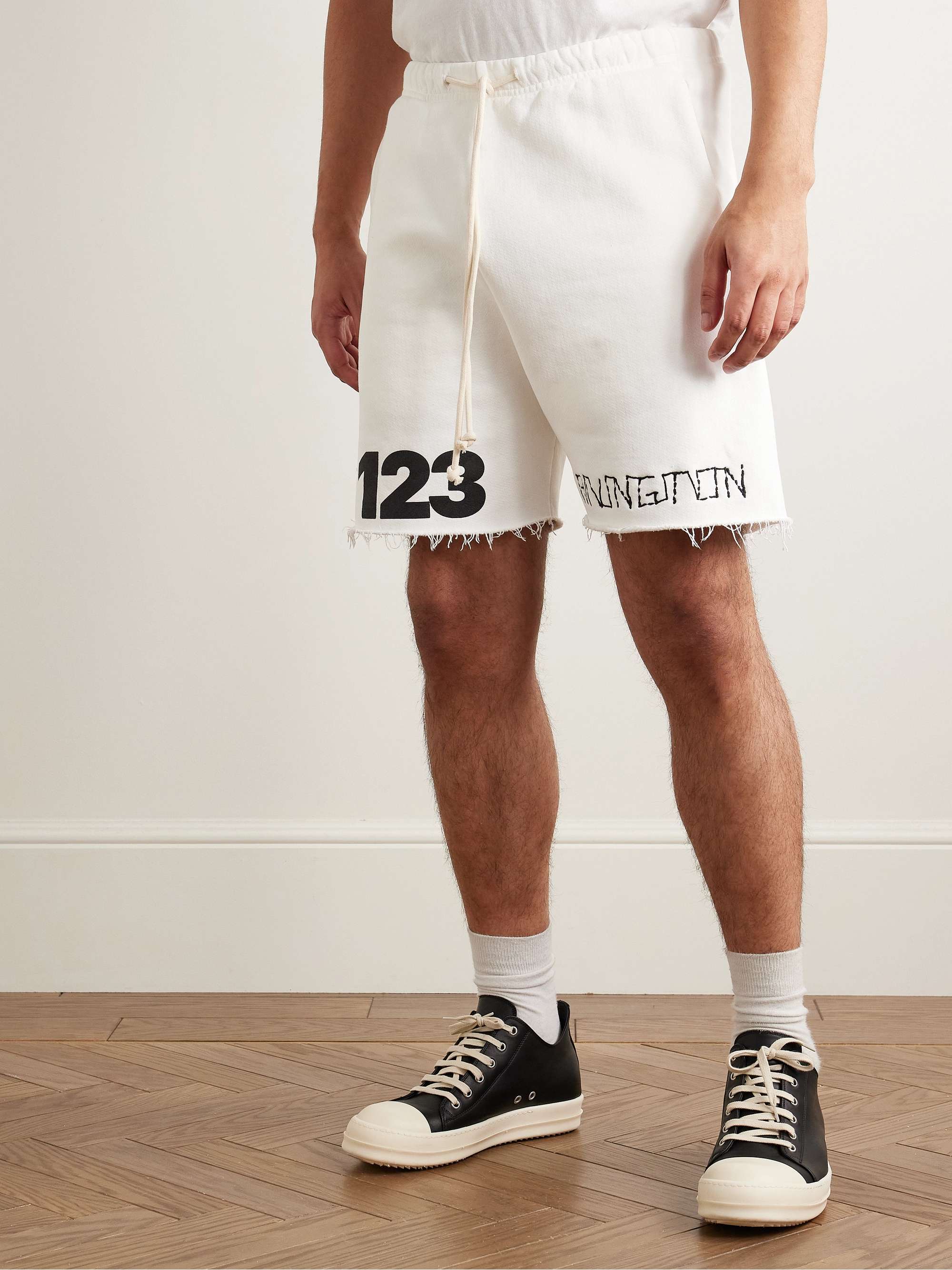 Gymbag Frayed Logo-Print Embroidered Cotton-Jersey Shorts view
