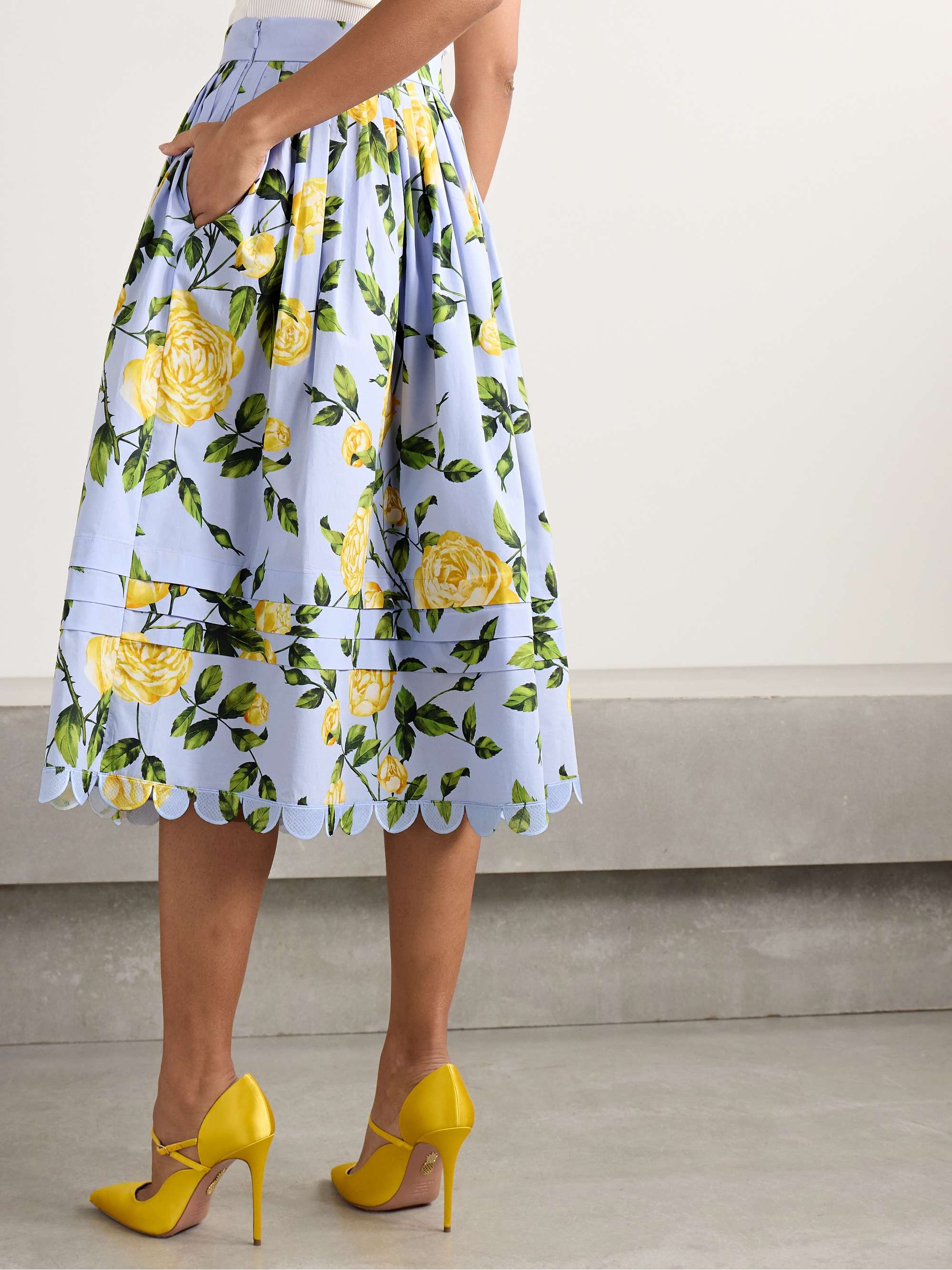 Pleated floral-print cotton-blend poplin midi skirt view