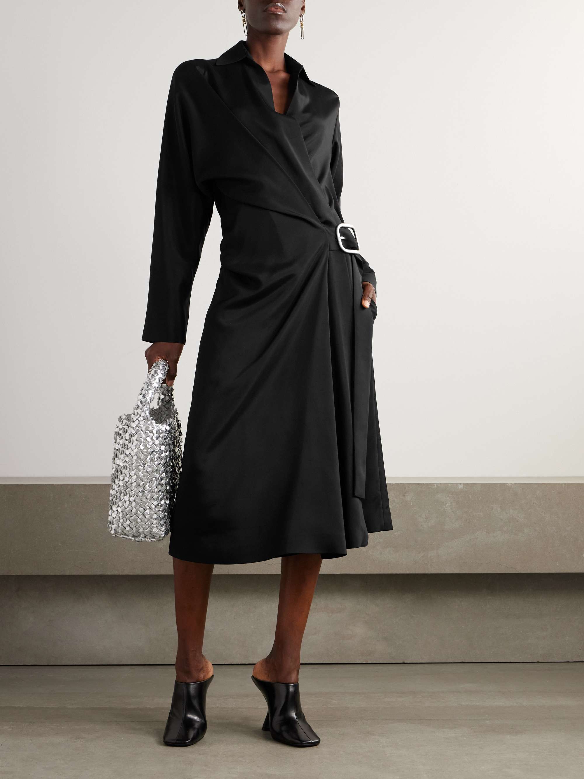 Wrap-effect belted woven midi shirt dress view