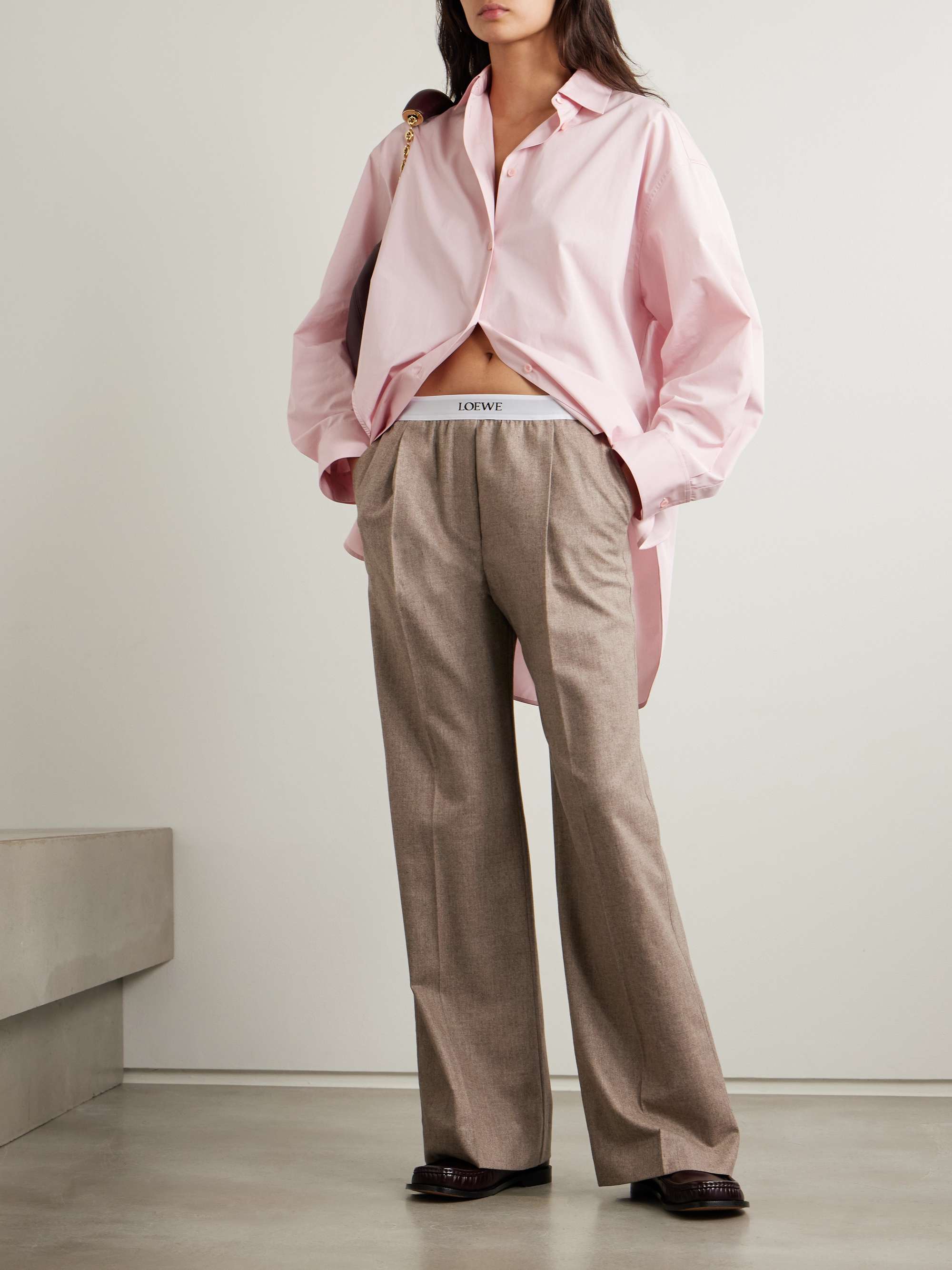 Stretch jacquard-trimmed pleated wool and cashmere-blend straight-leg pants view