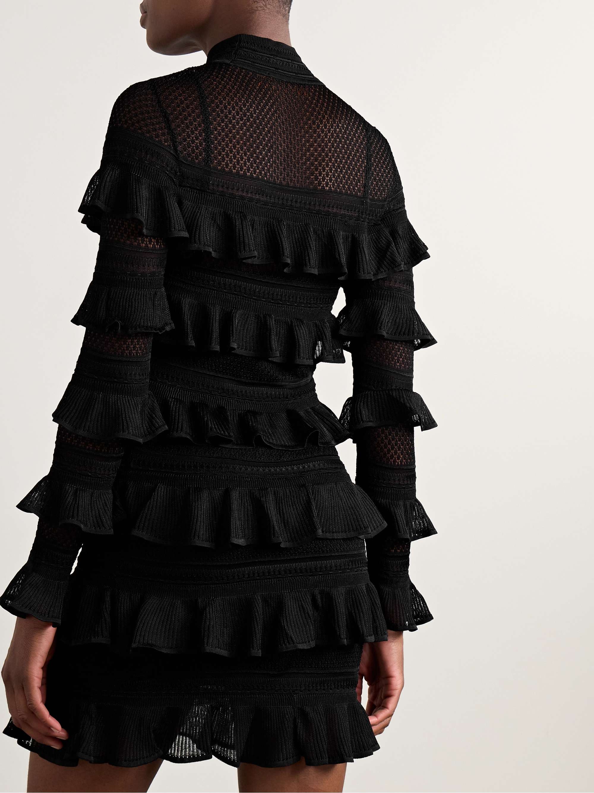 Crush paneled ruffled ribbed-knit and crochet mini dress view