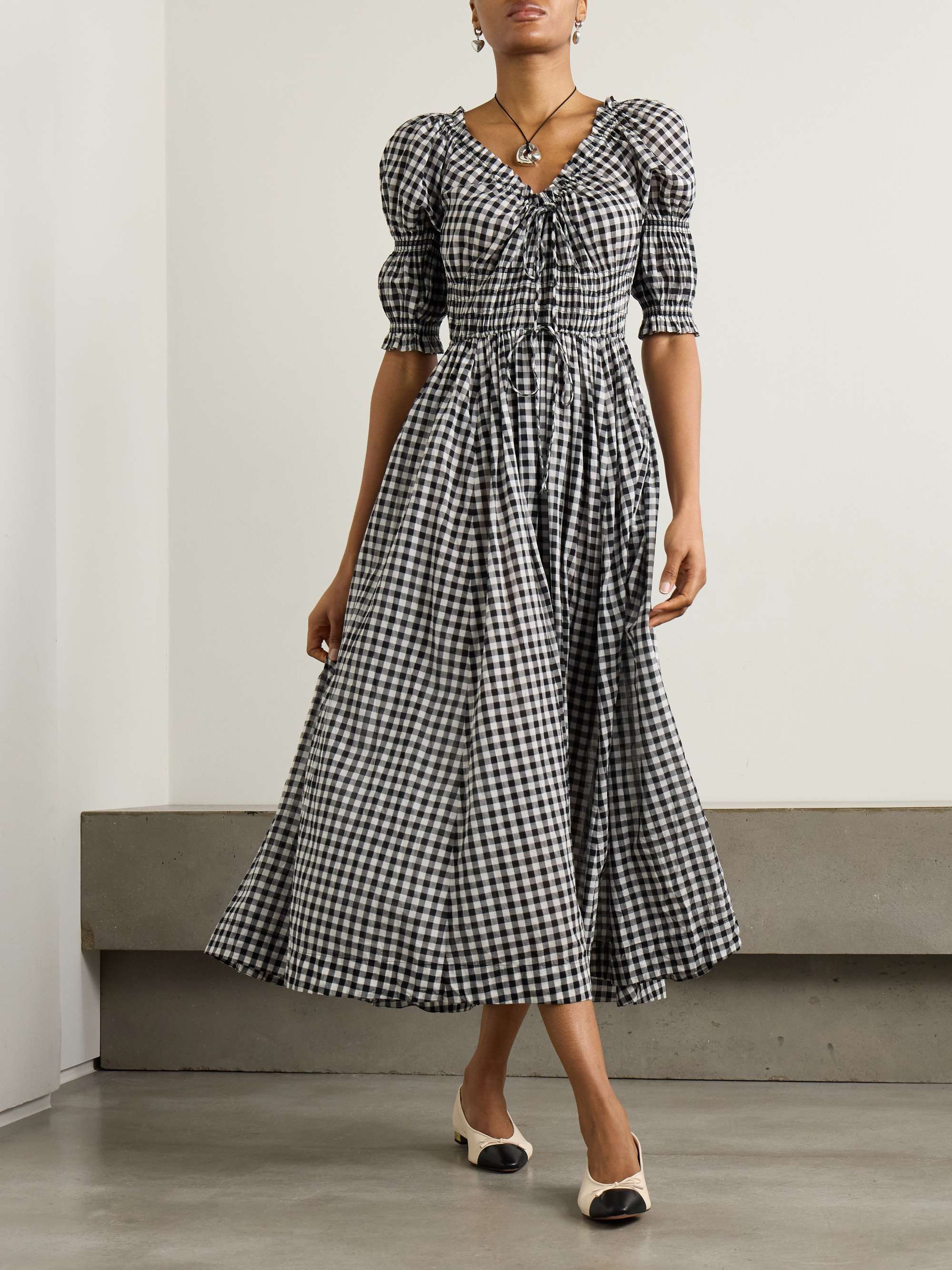 Ischia shirred gingham cotton-voile midi dress view