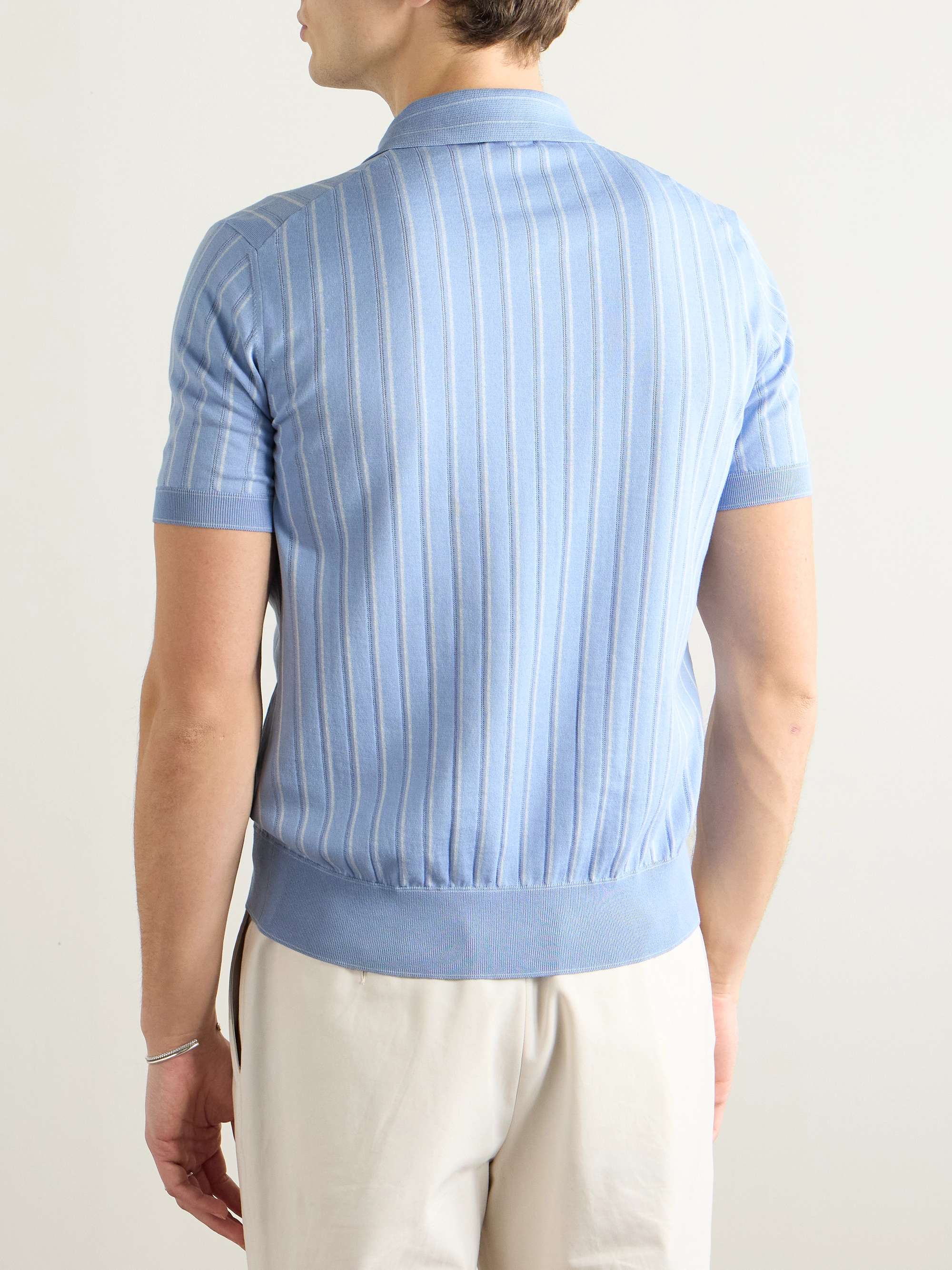 Slim-Fit Striped Pointelle-Knit Cotton, Silk and Linen-Blend Polo Shirt view
