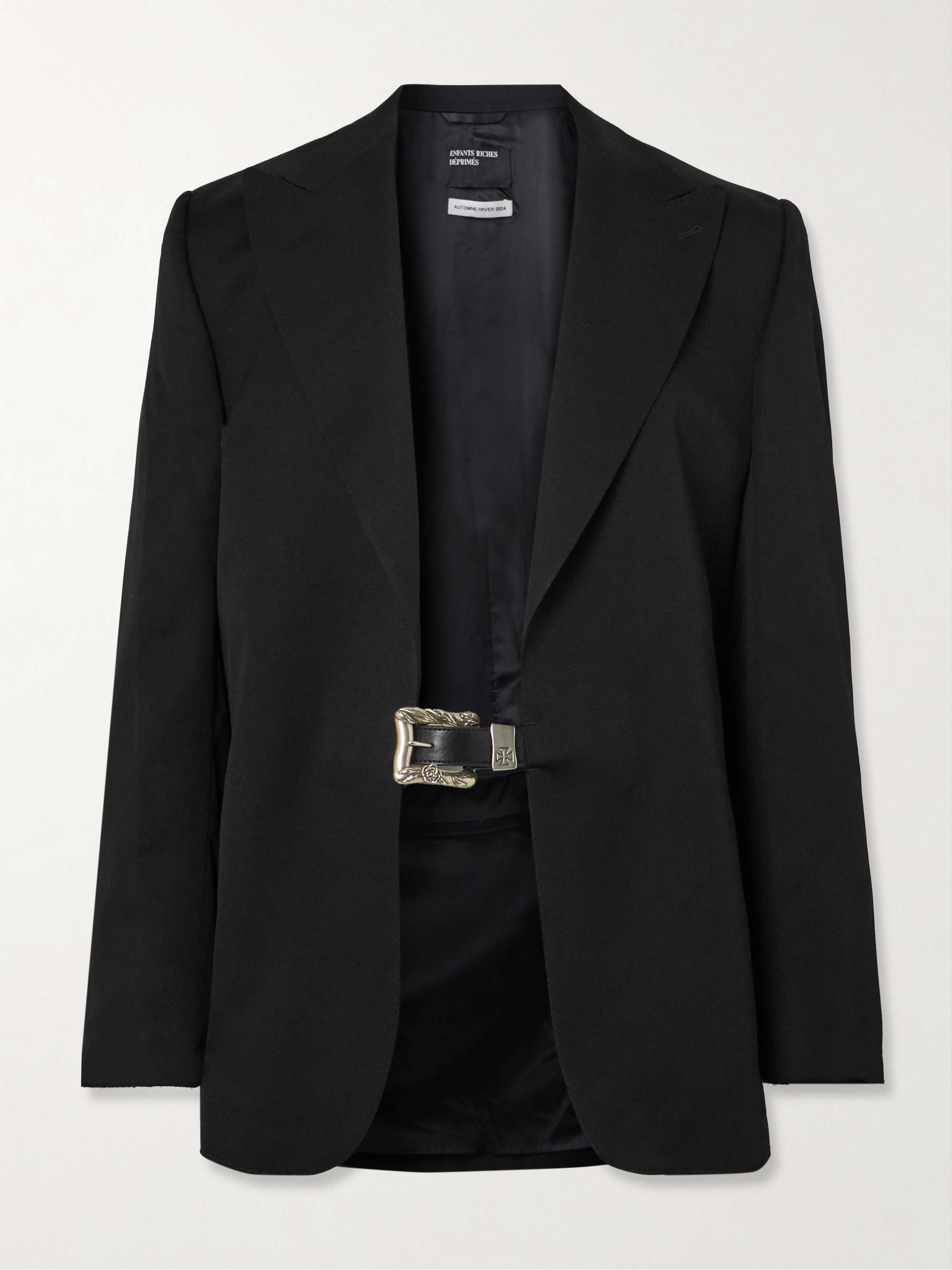 Farewell Buckle-Embellished Leather-Trimmed Wool-Gabardine Blazer hero visual