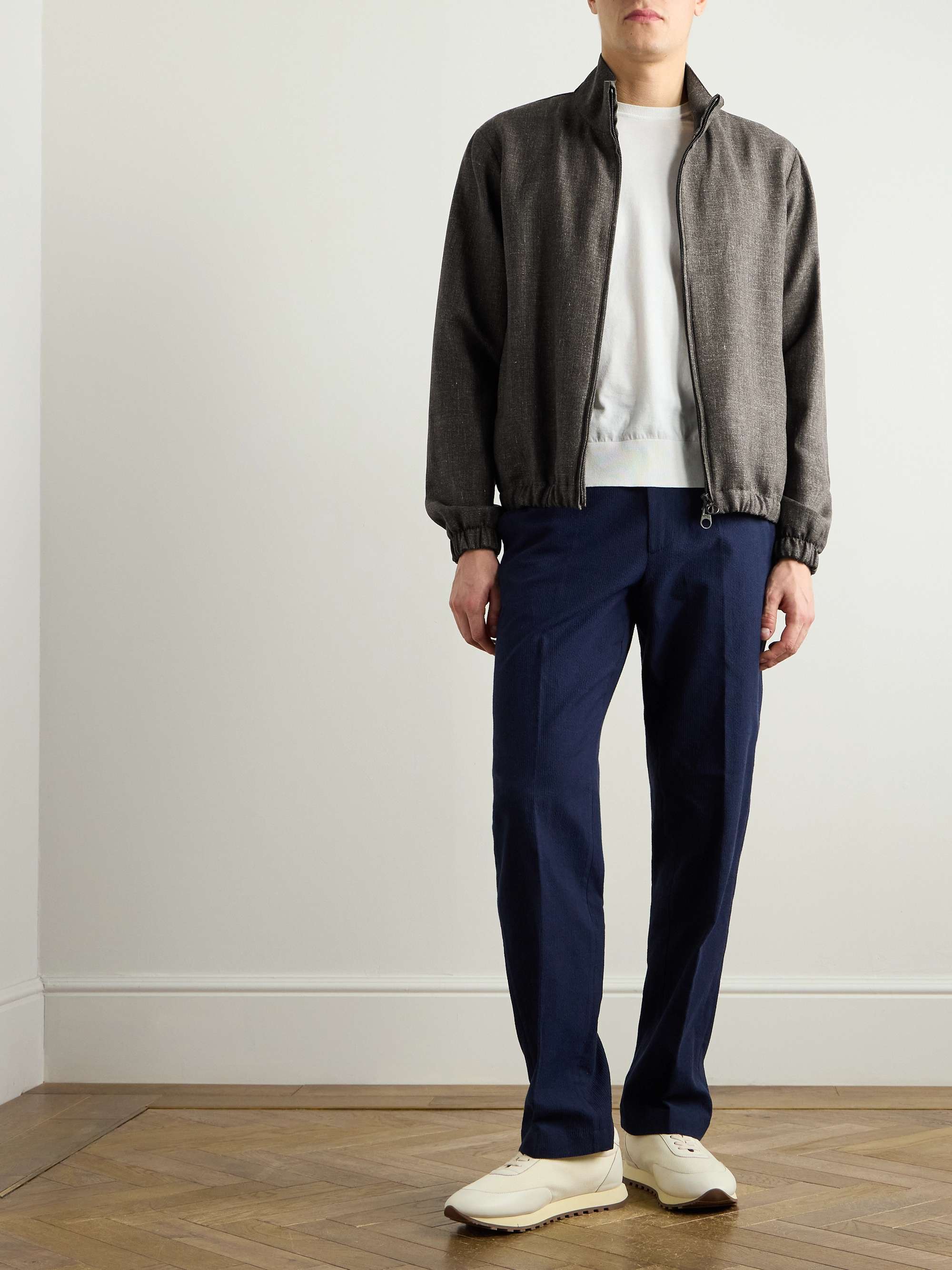 Straight-Leg Striped Cotton and Linen-Blend Trousers view