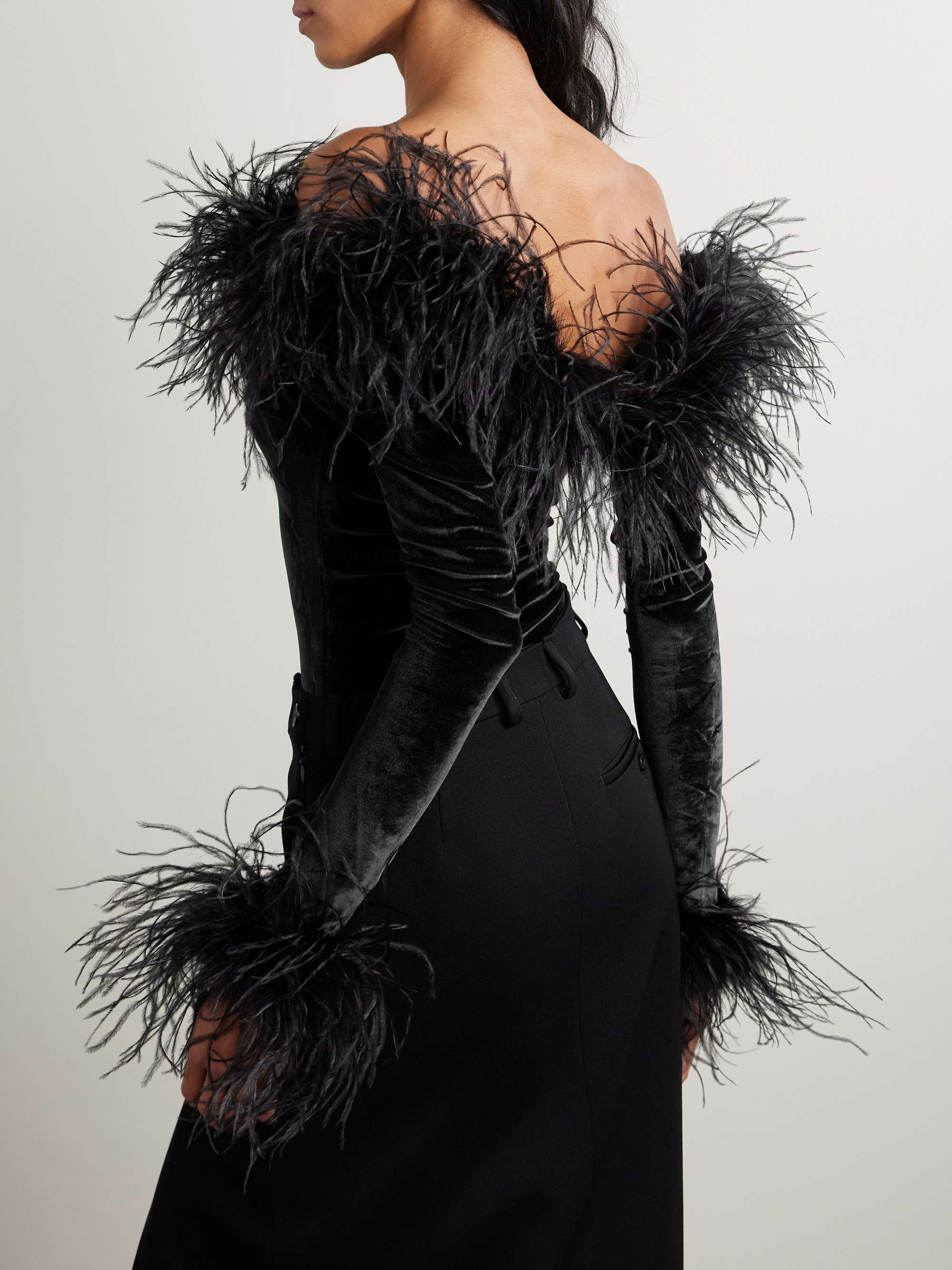 Plumage off-the-shoulder feather-trimmed stretch-velvet bodysuit view