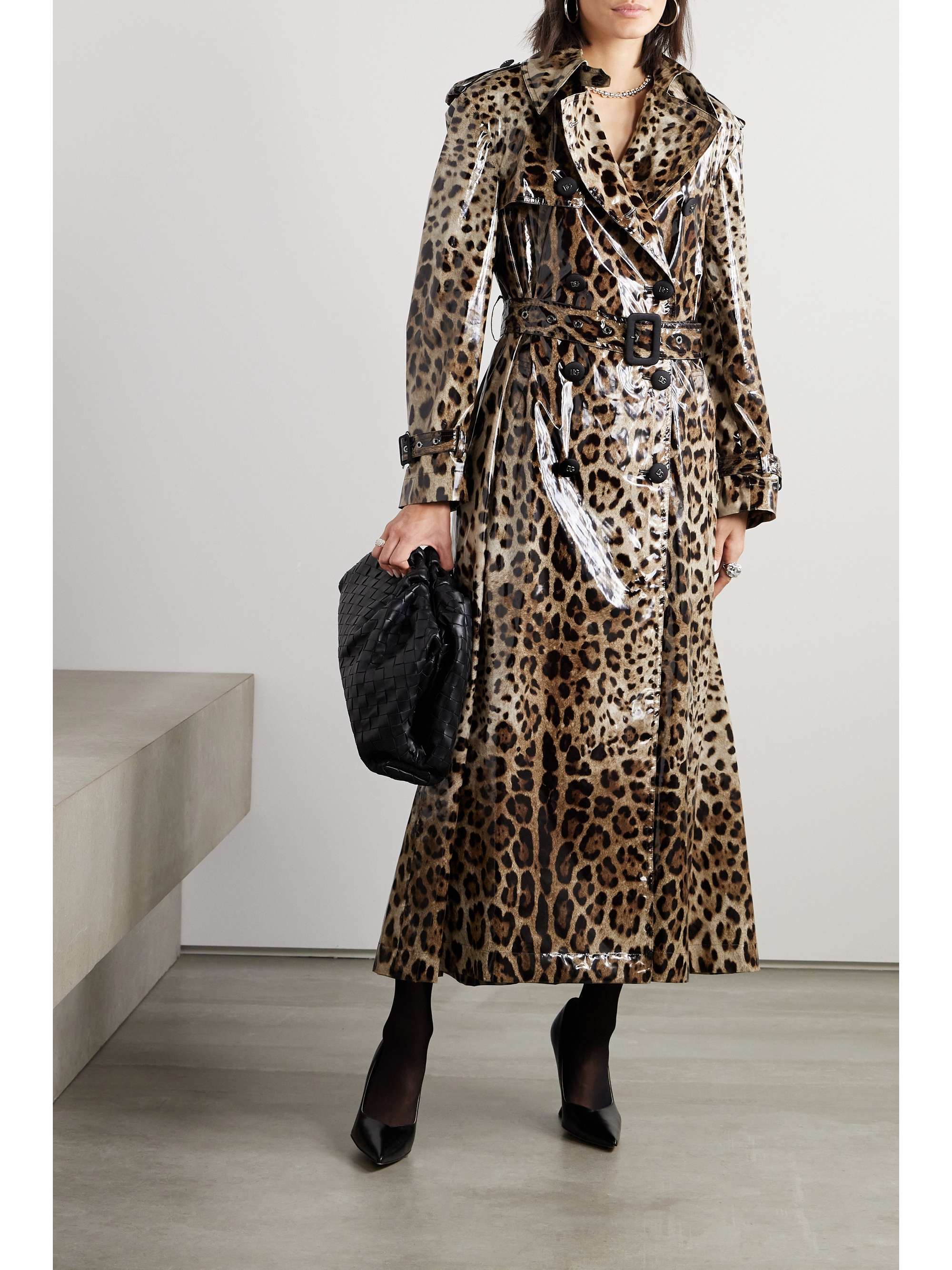 Double-breasted leopard-print coated-canvas trench coat view