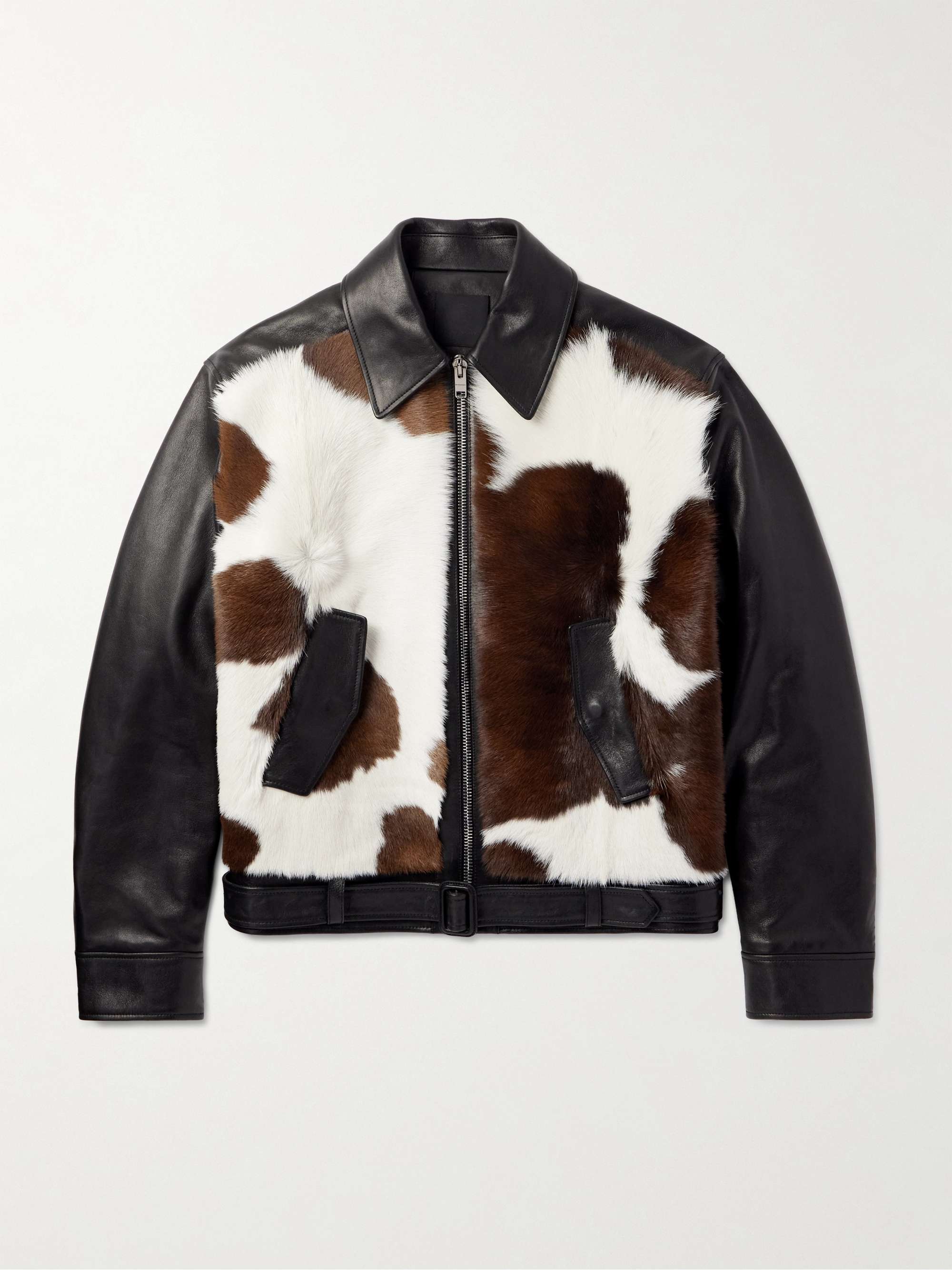 Slim-Fit Belted Cow-Print Calf Hair and Leather Jacket hero visual