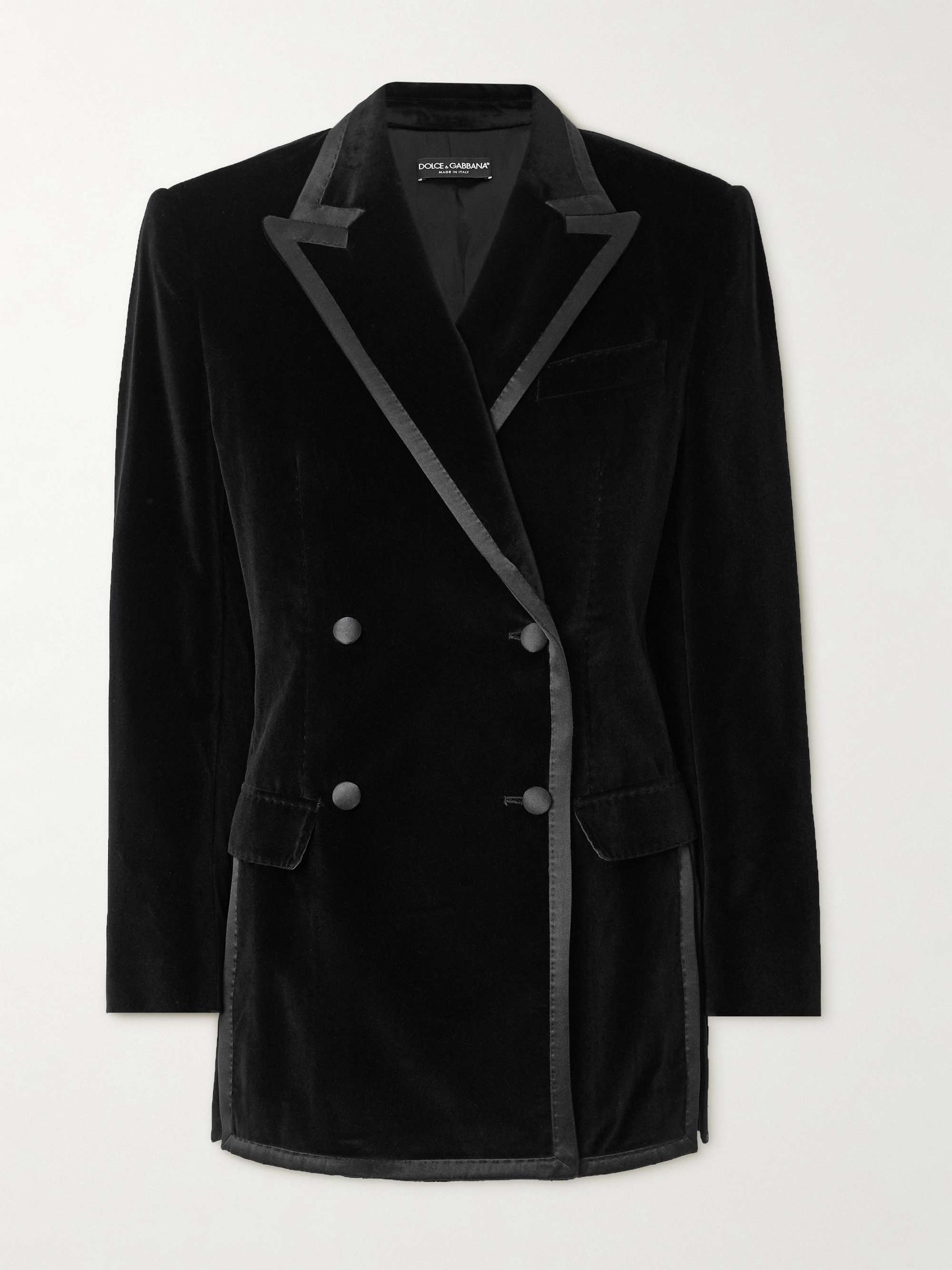 Double-breasted silk satin-trimmed cotton-blend velvet blazer hero visual