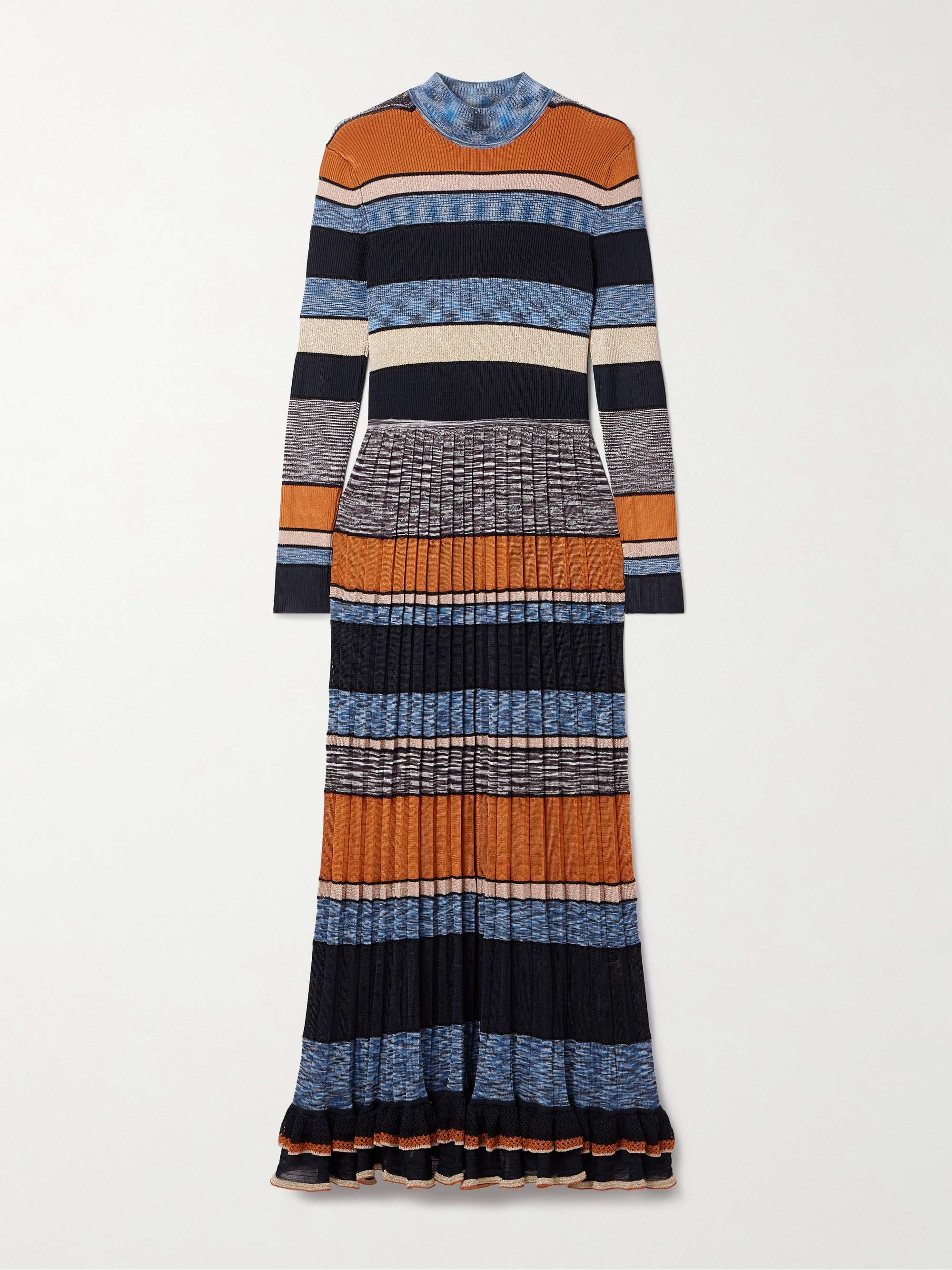 Evangeline striped pleated metallic-knit turtleneck maxi dress hero visual