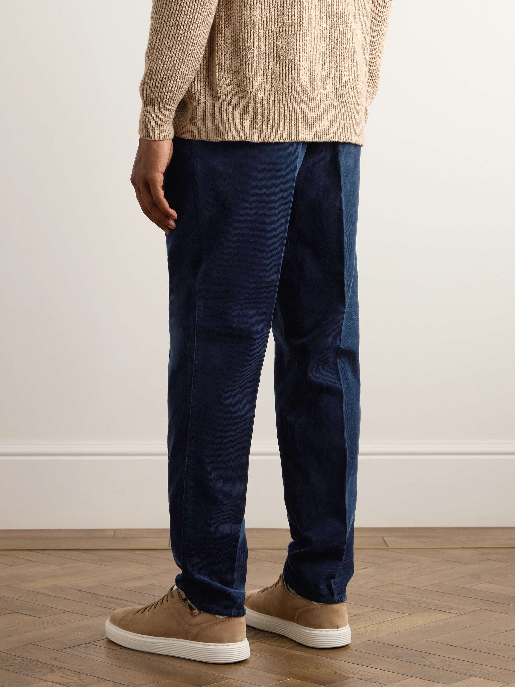 Straight-Leg Pleated Cotton-Corduroy Drawstring Trousers view