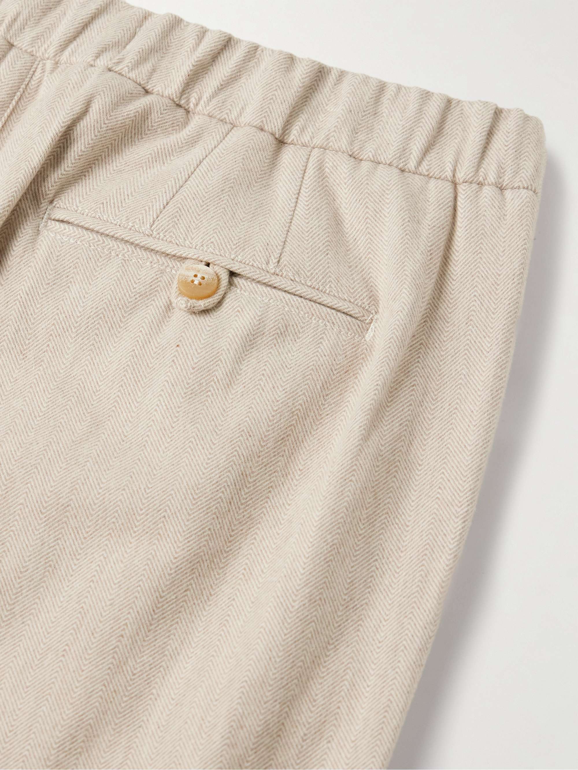 Oscar Straight-Leg Herringbone Cotton and Cashmere-Blend Drawstring Trousers view