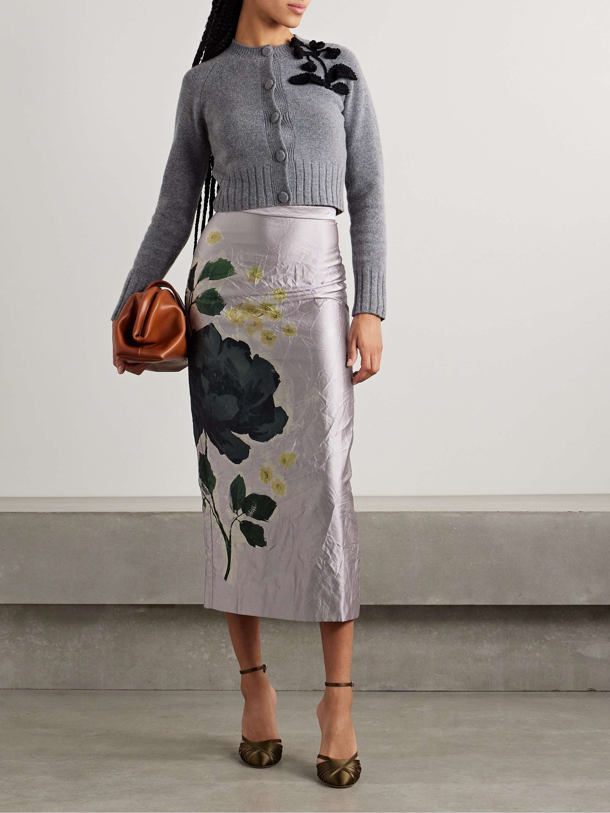 Crinkled floral-print satin-twill midi skirt view