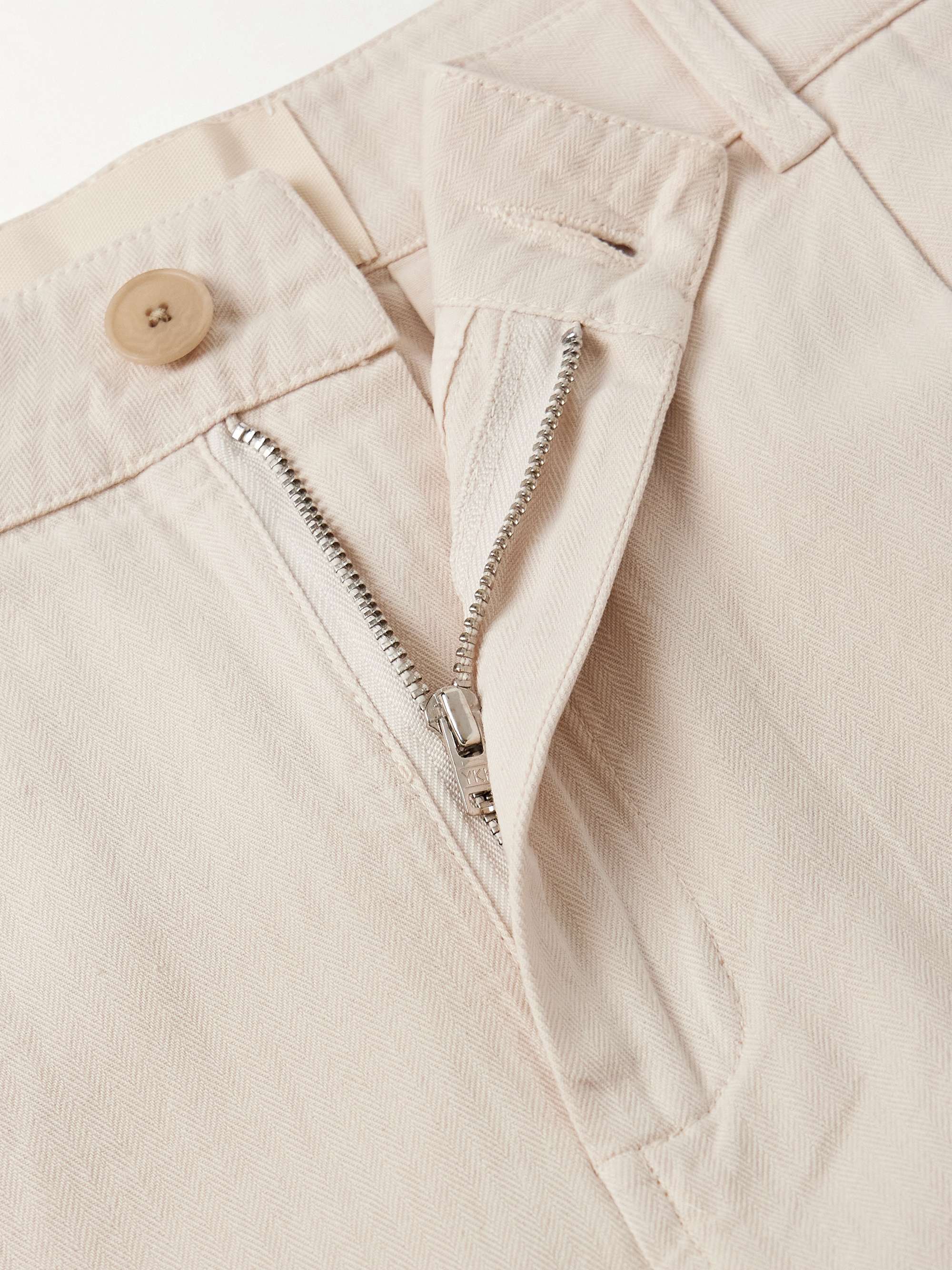 Wide-Leg Pleated Garment-Dyed Herringbone Cotton Trousers view
