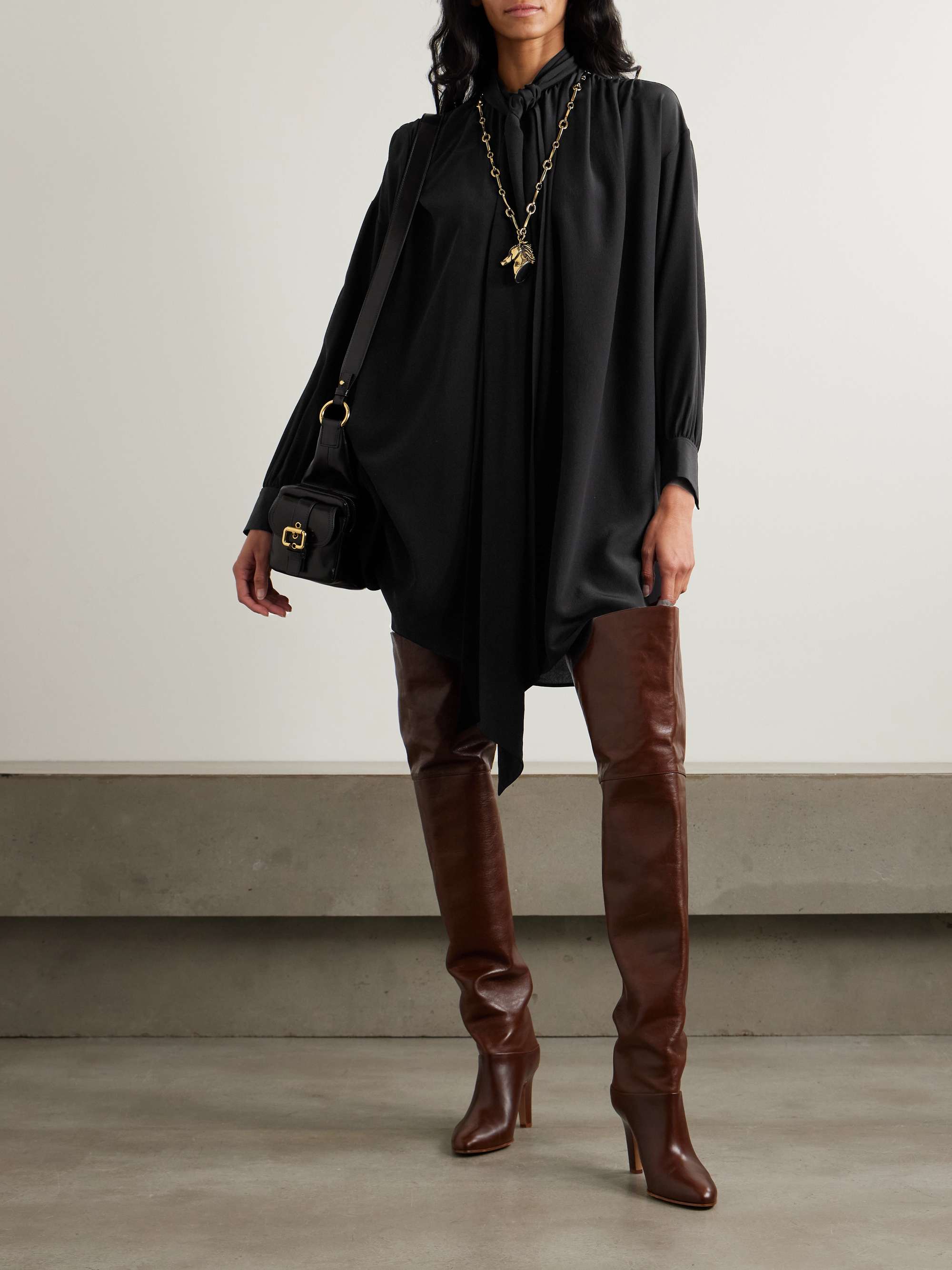 Tie-detailed organic silk crepe de chine mini dress view