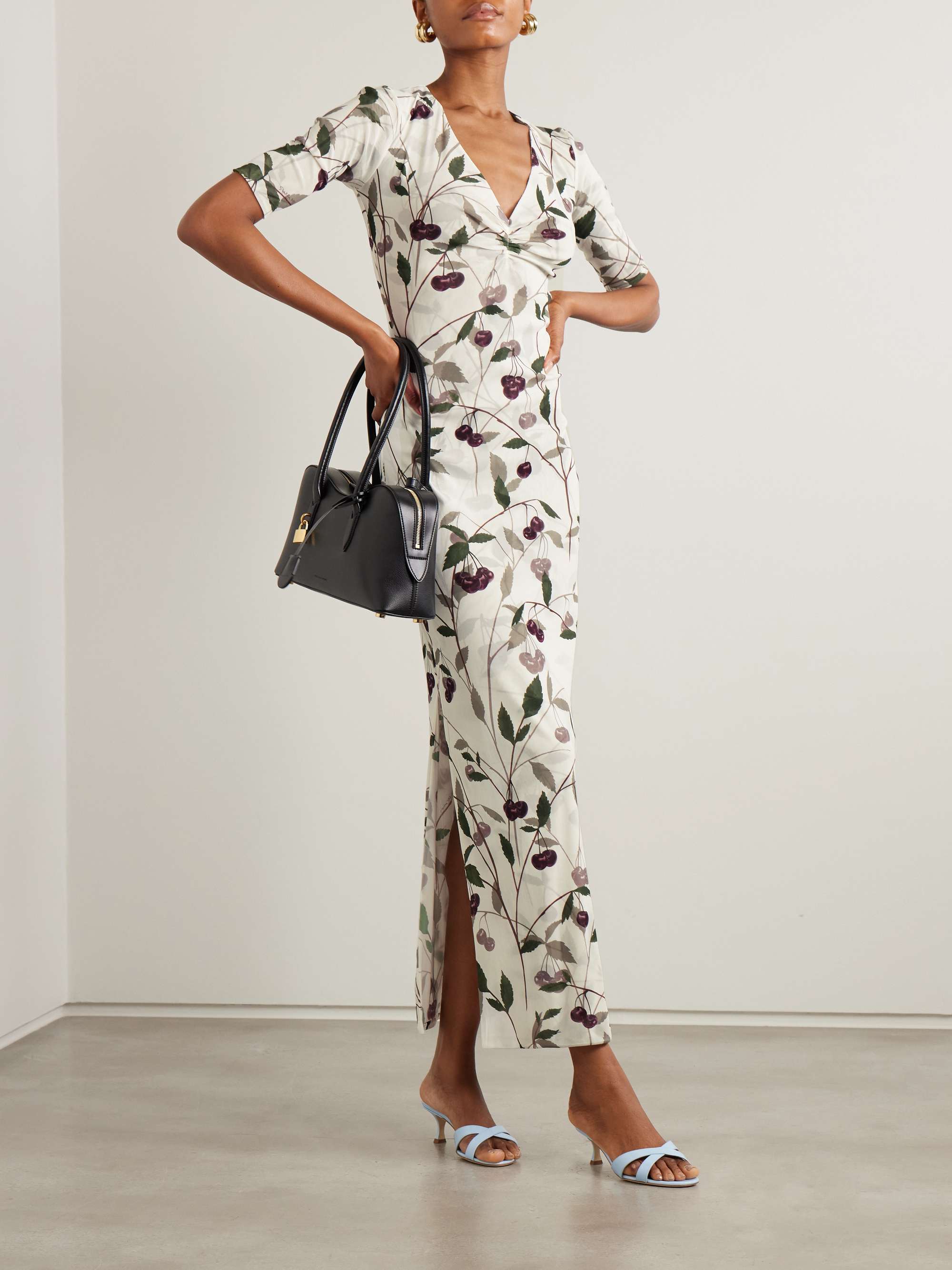 Ruched printed mesh midi dress view