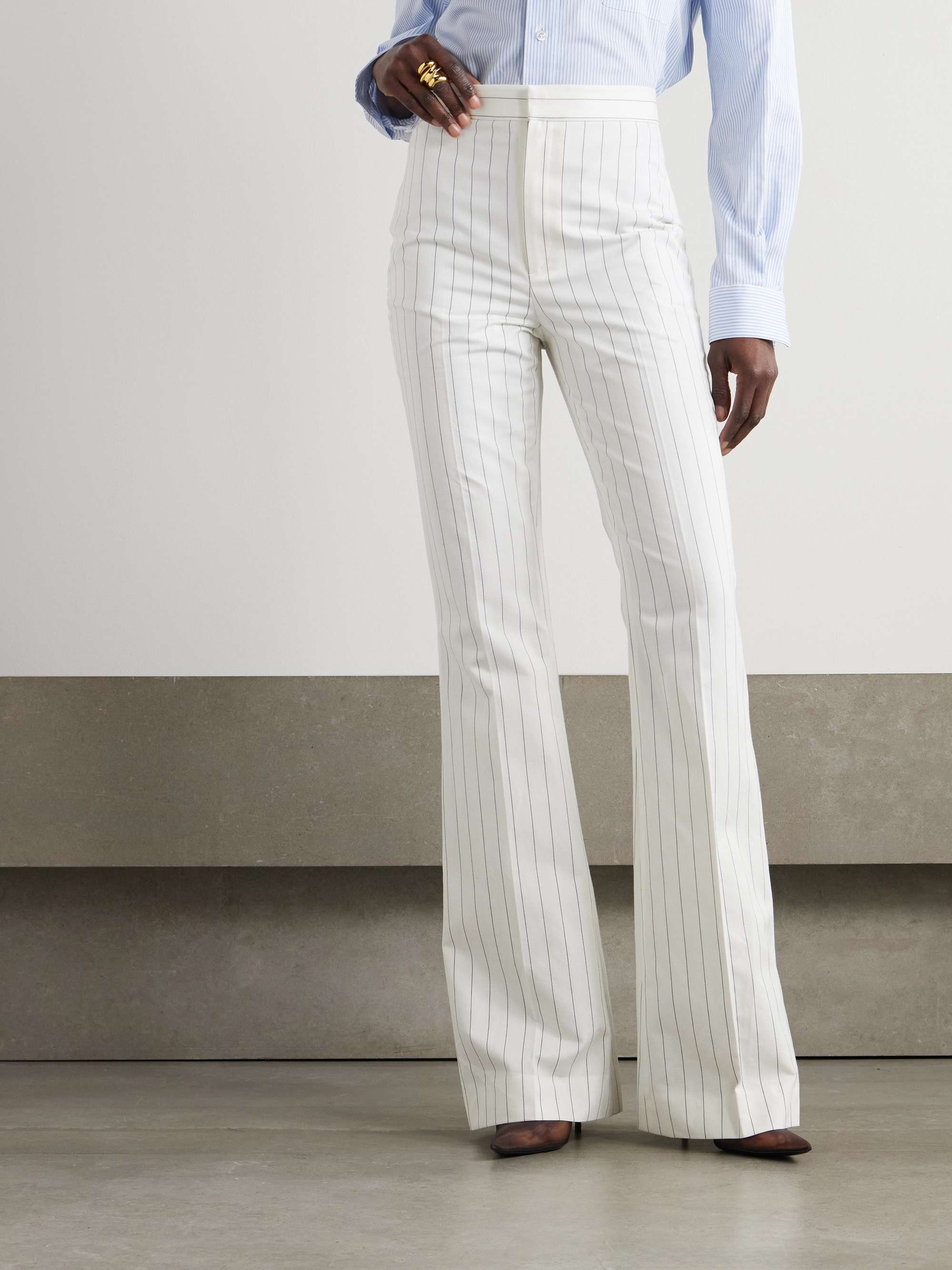 Neeva pinstriped cotton, linen and wool-blend flared pants view