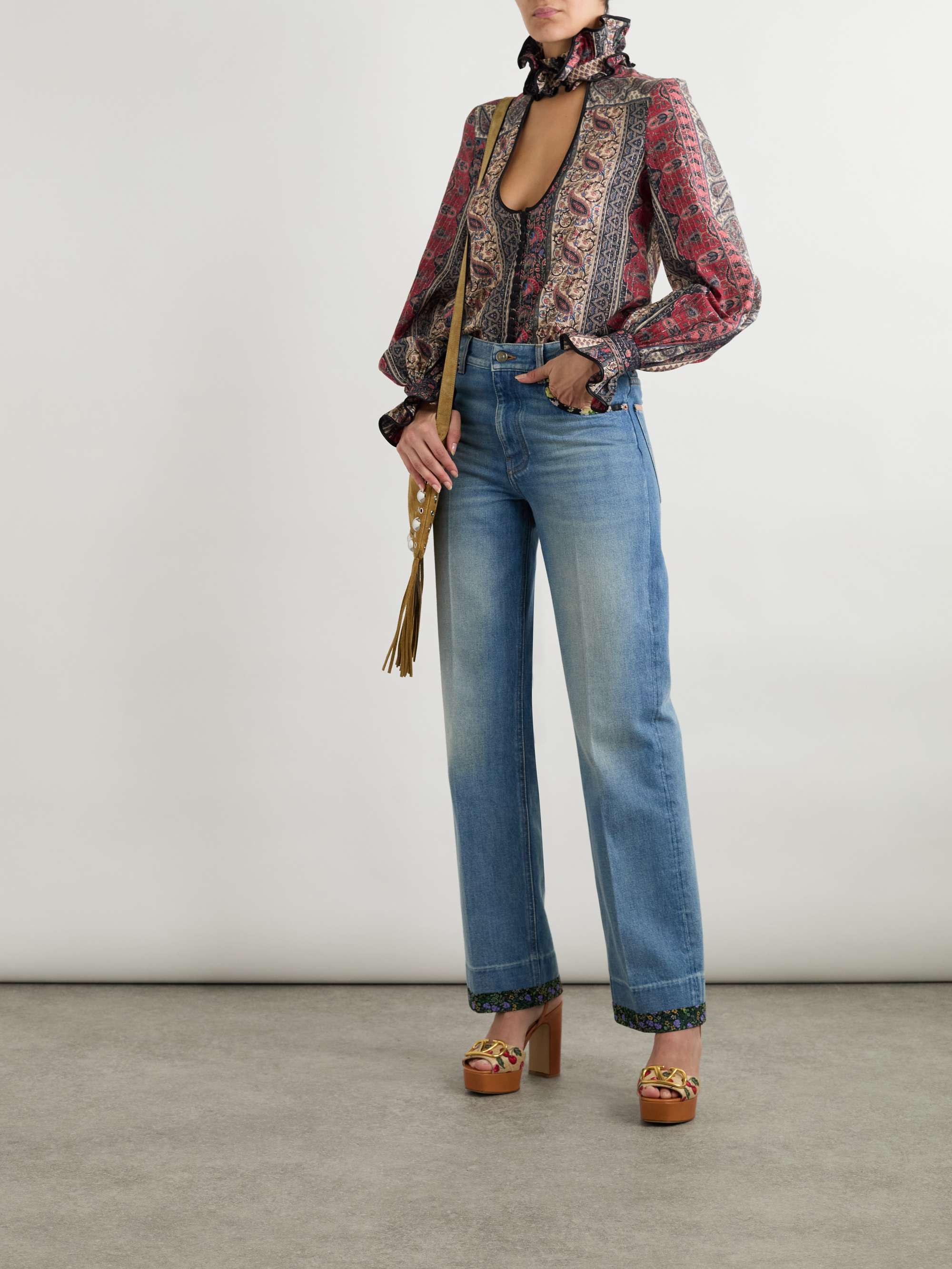 Ruffled cutout satin-trimmed metallic printed cotton-blend blouse view