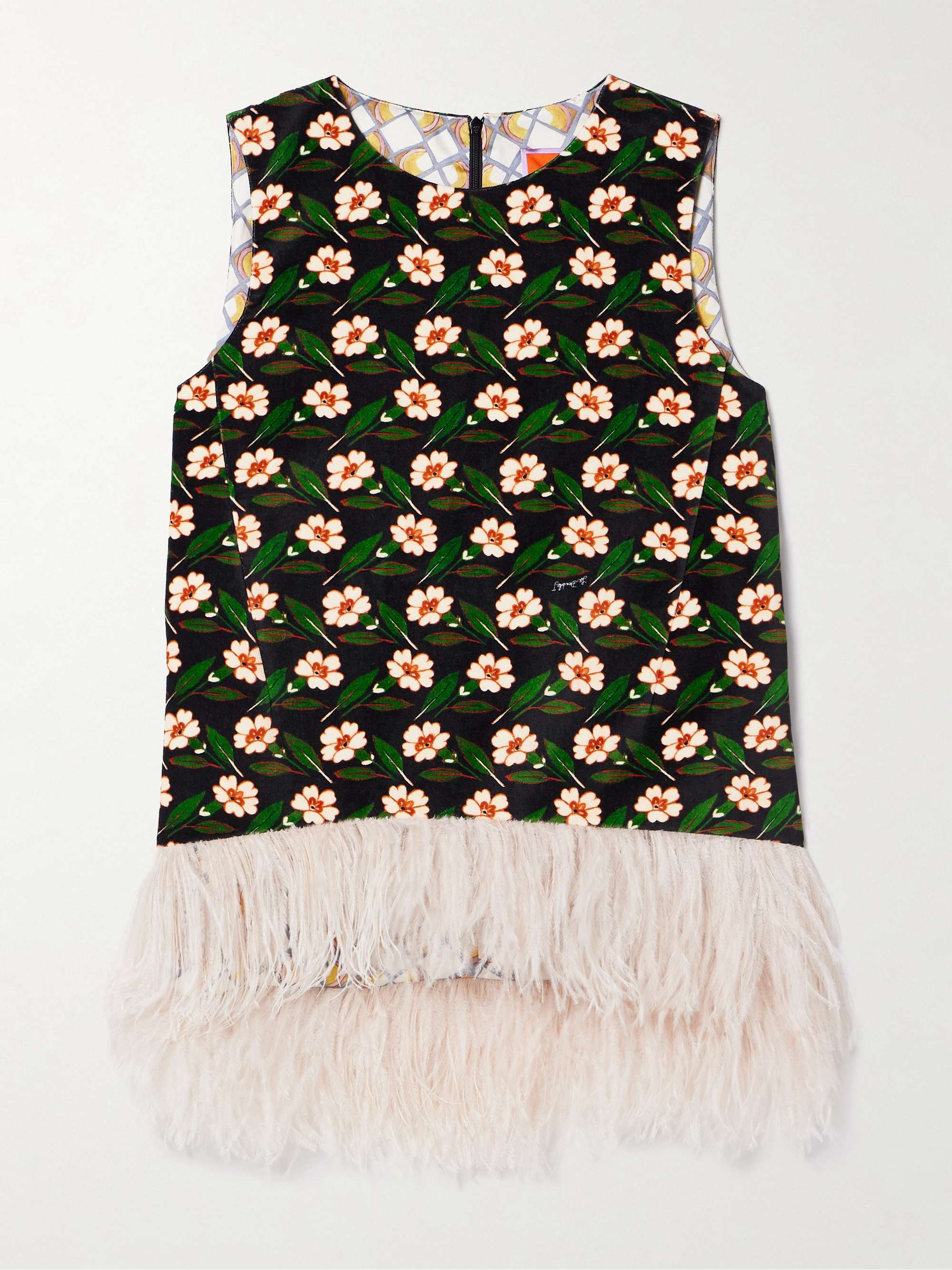 La Scala asymmetric feather-trimmed floral-print cotton-velvet top hero visual