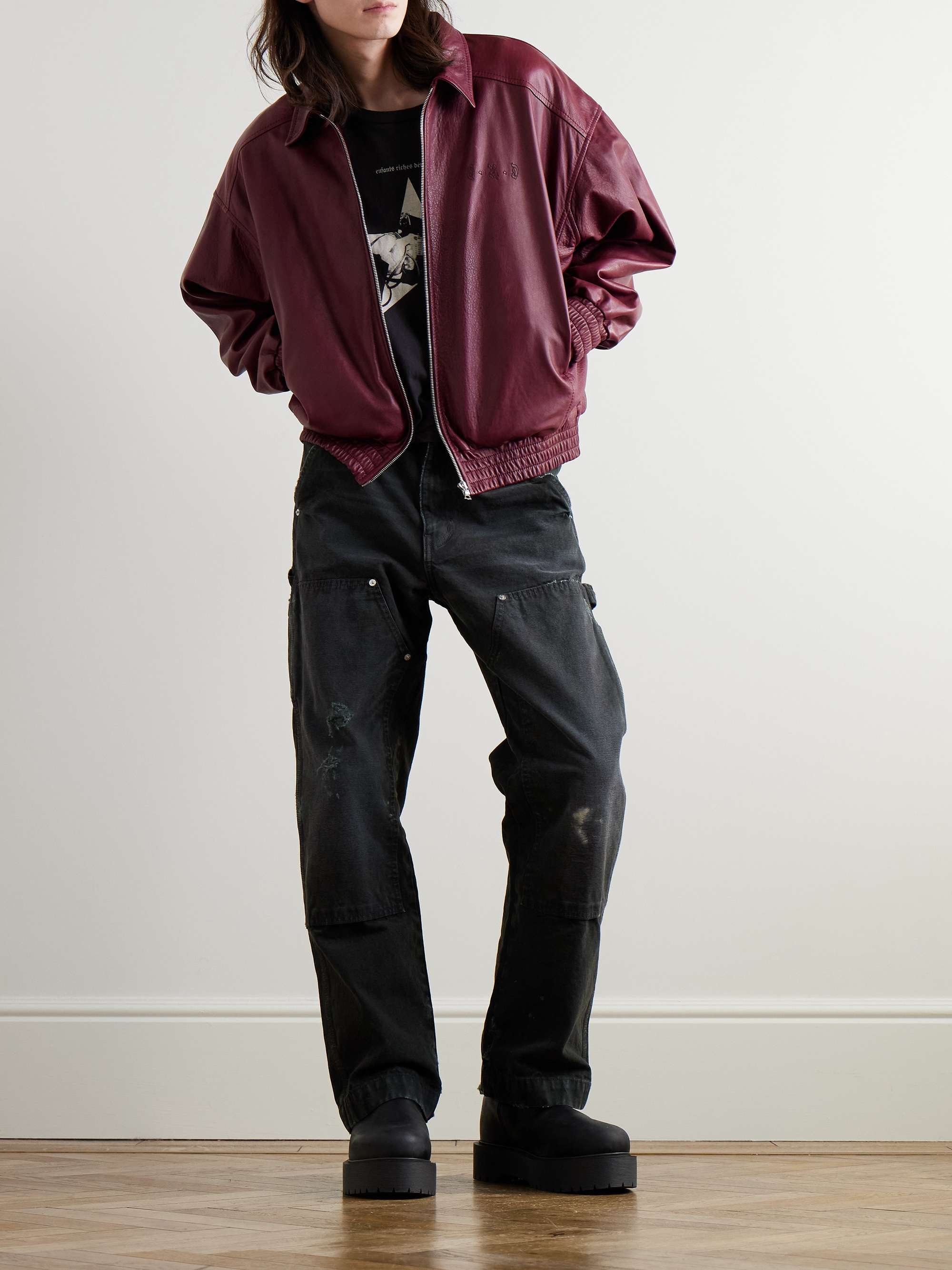 Logo-Embroidered Full-Grain Leather Jacket view