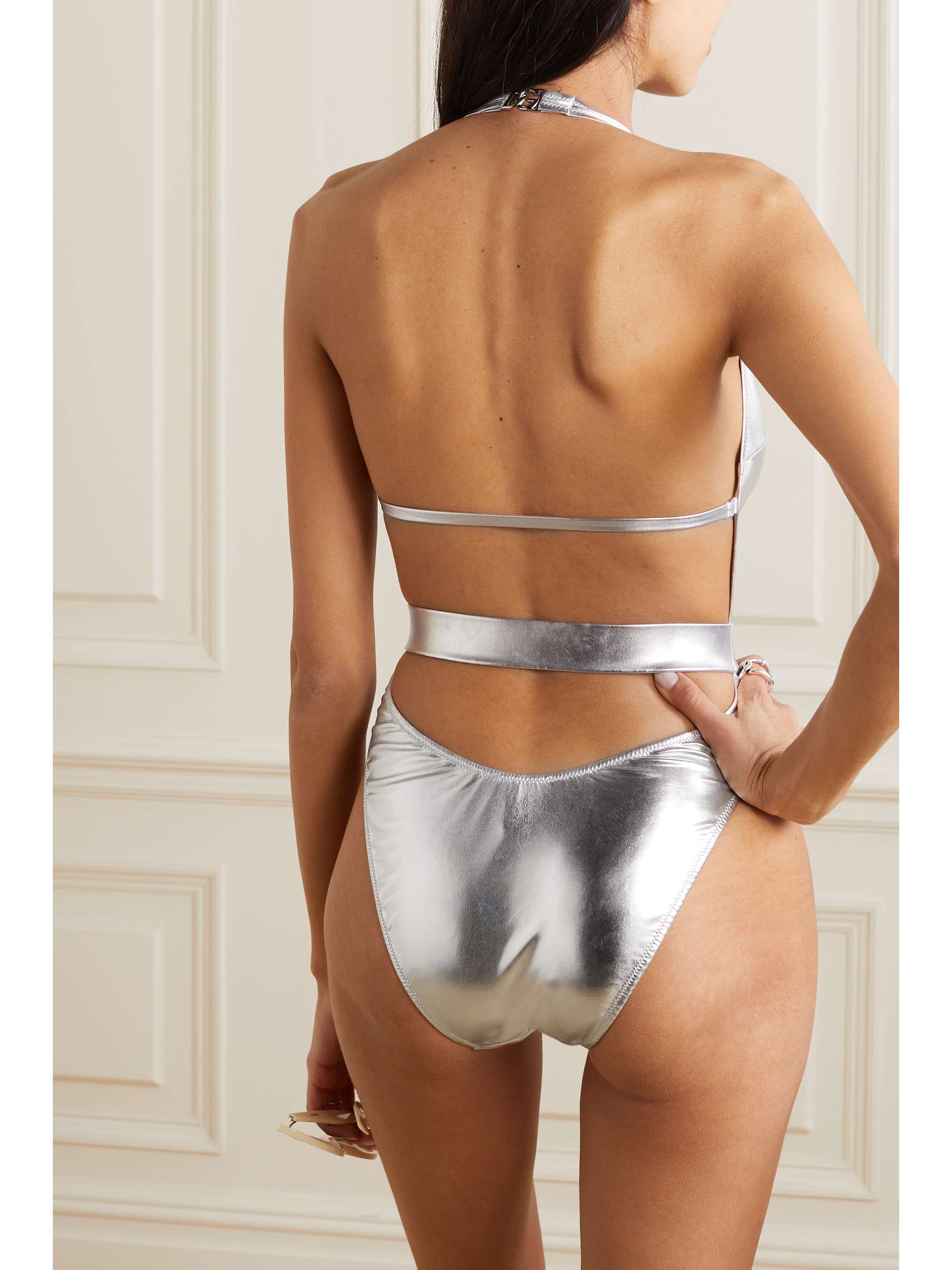 Embellished metallic halterneck swimsuit view