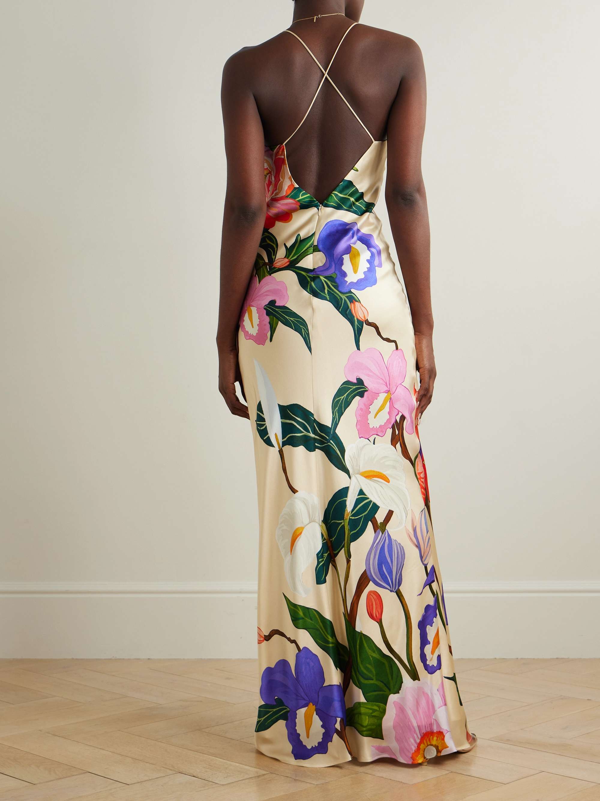 Olive floral-print satin-crepe maxi dress view