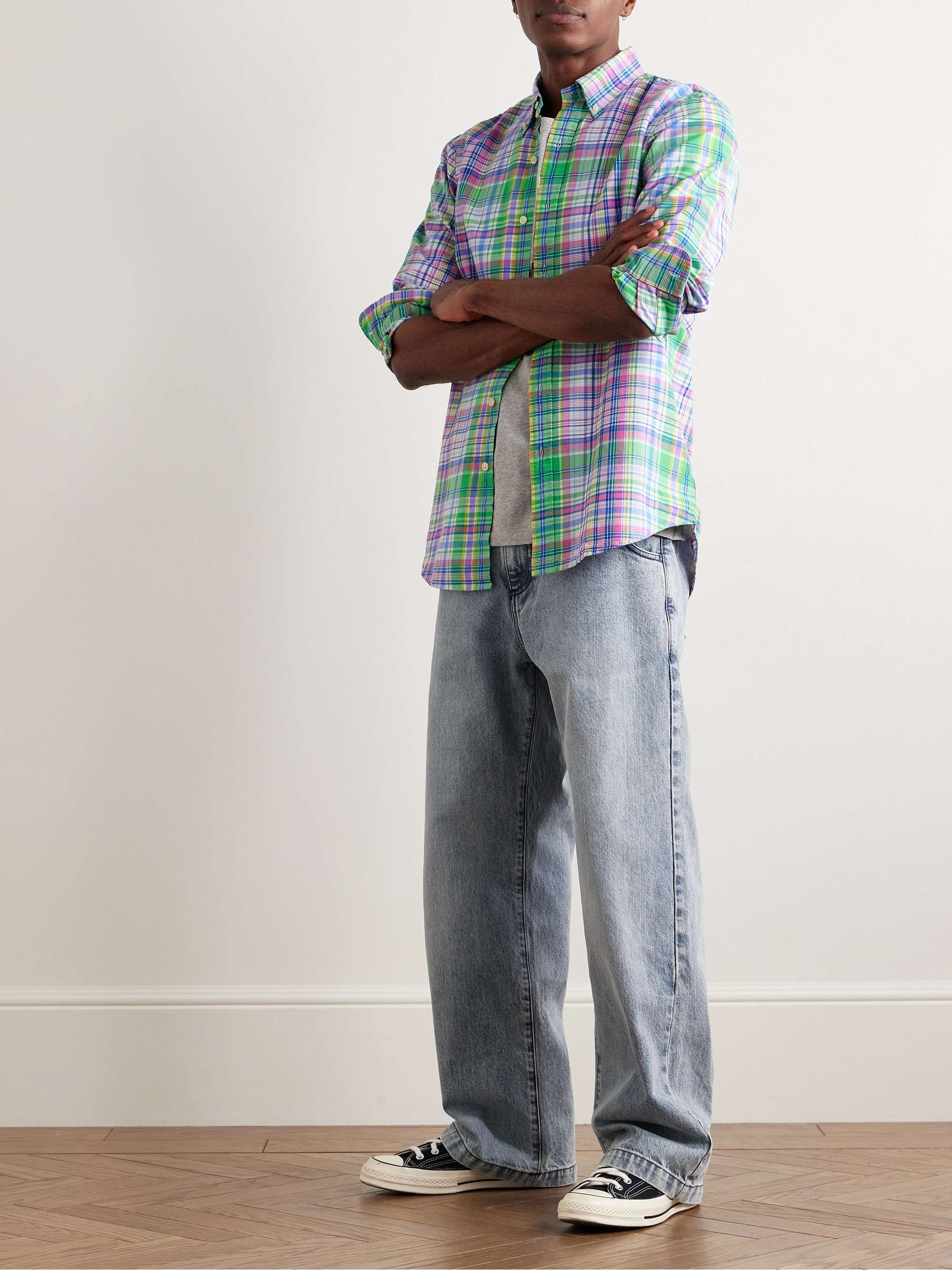 Button-Down Collar Logo-Embroidered Checked Cotton Oxford Shirt view