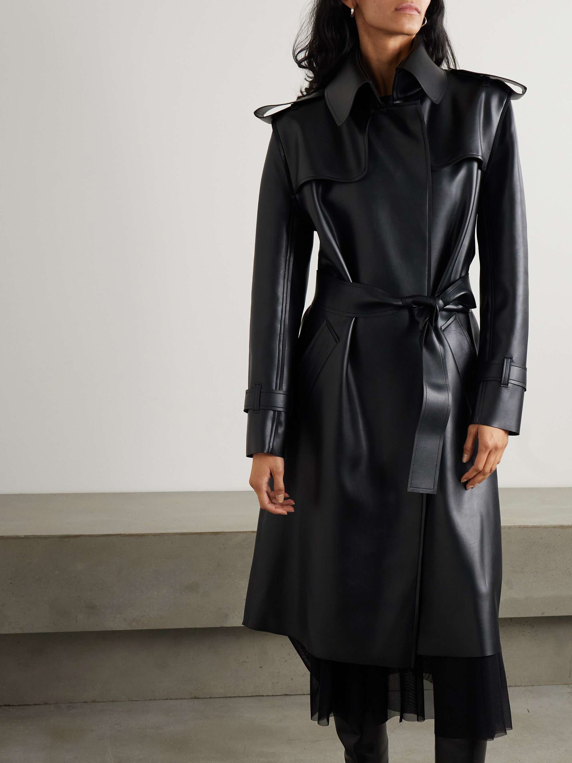 Belted vegan leather trench coat view