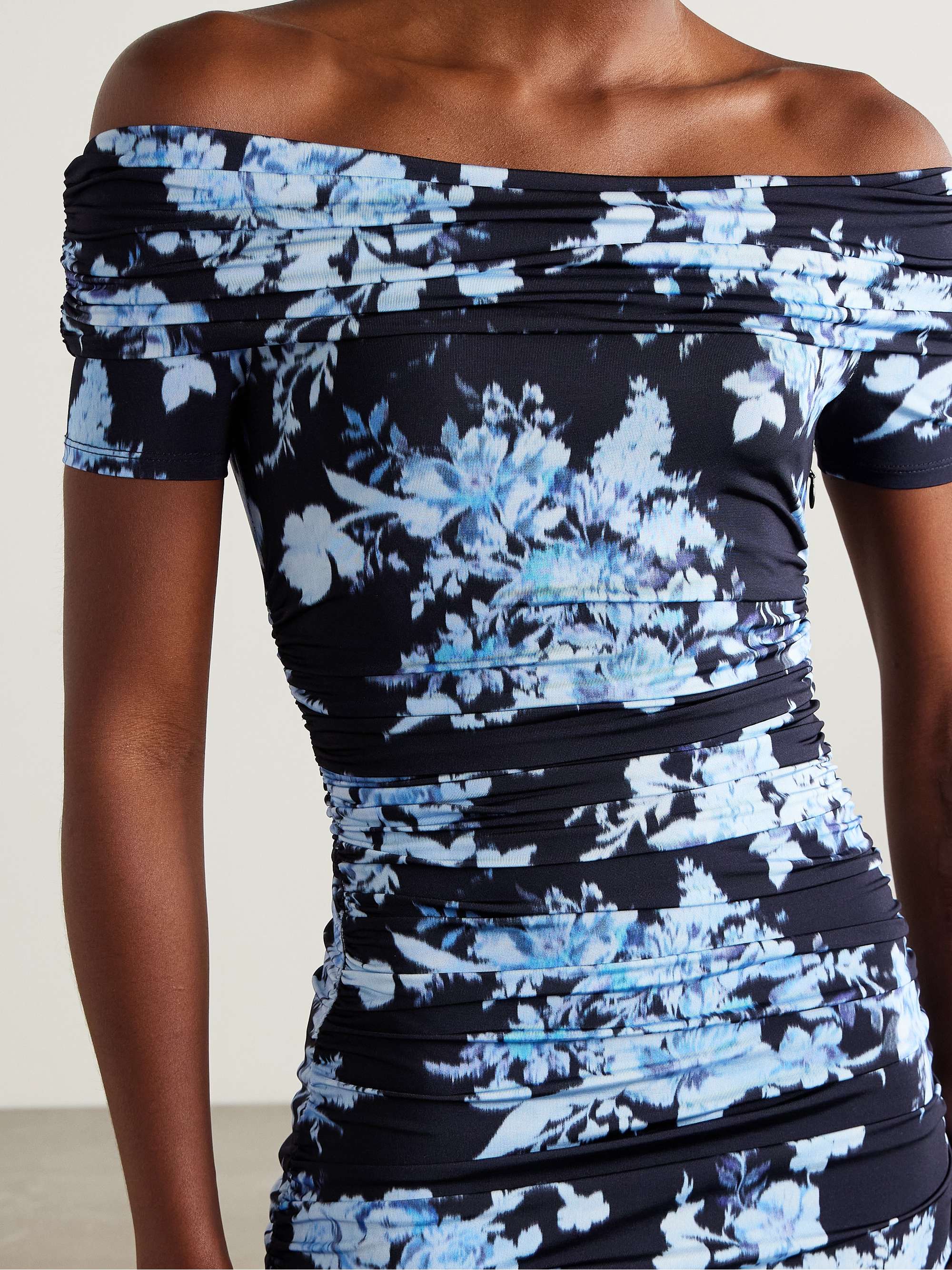 Off-the-shoulder ruched floral-print stretch-jersey midi dress view