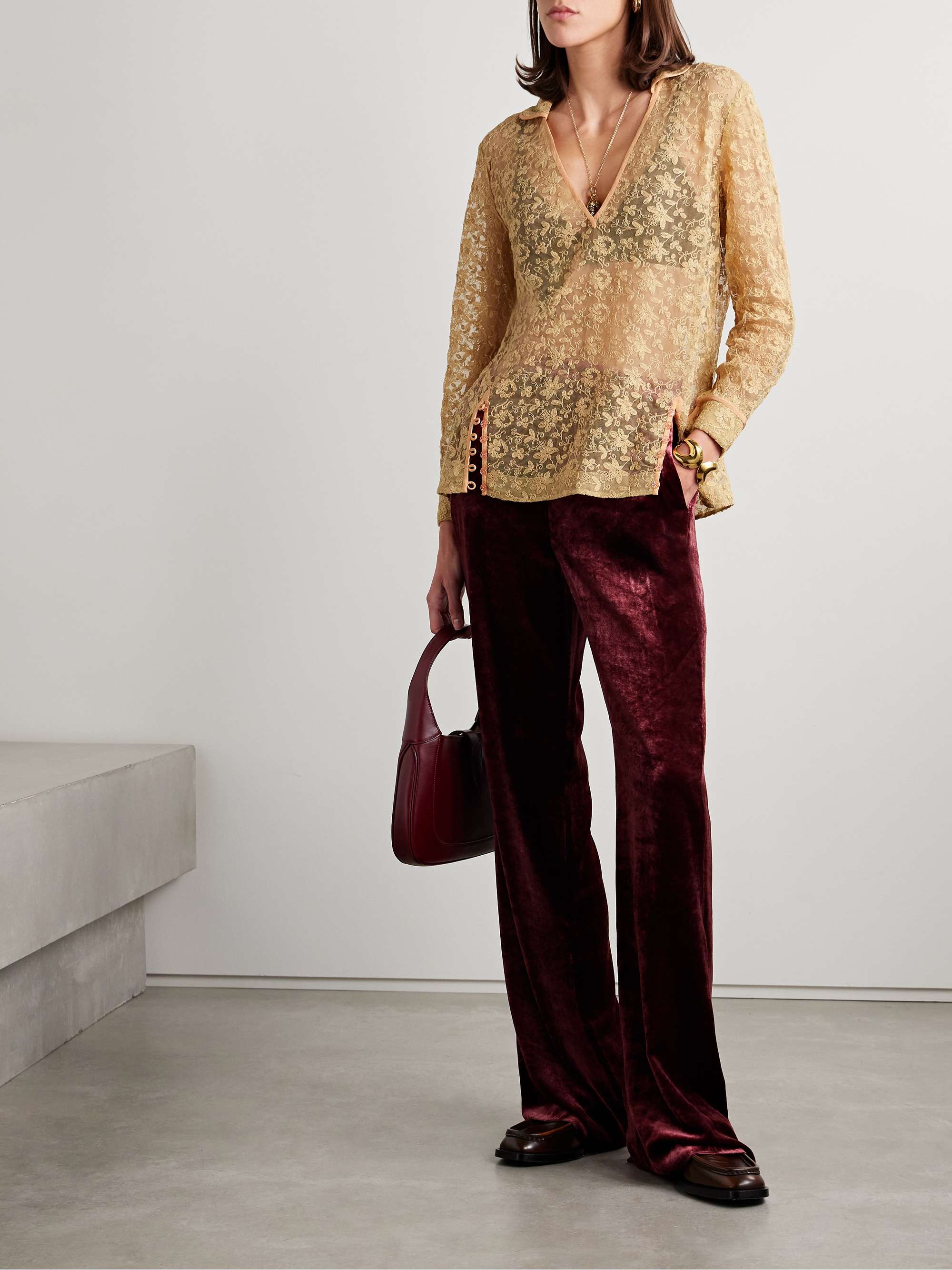Attic crepe-trimmed embroidered tulle top view