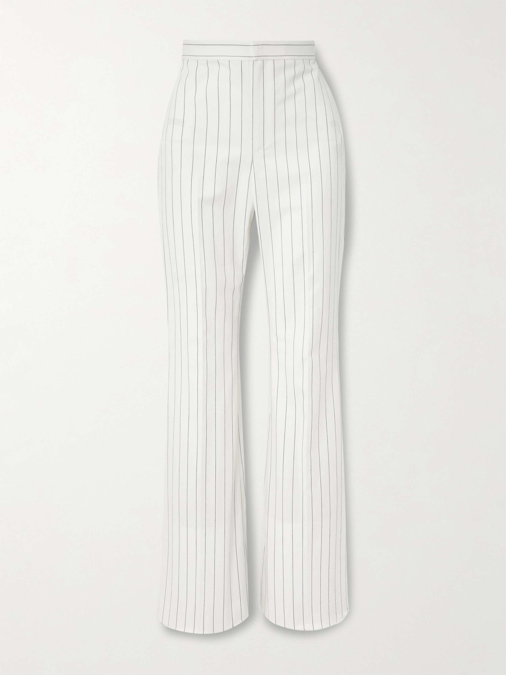 Neeva pinstriped cotton, linen and wool-blend flared pants hero visual