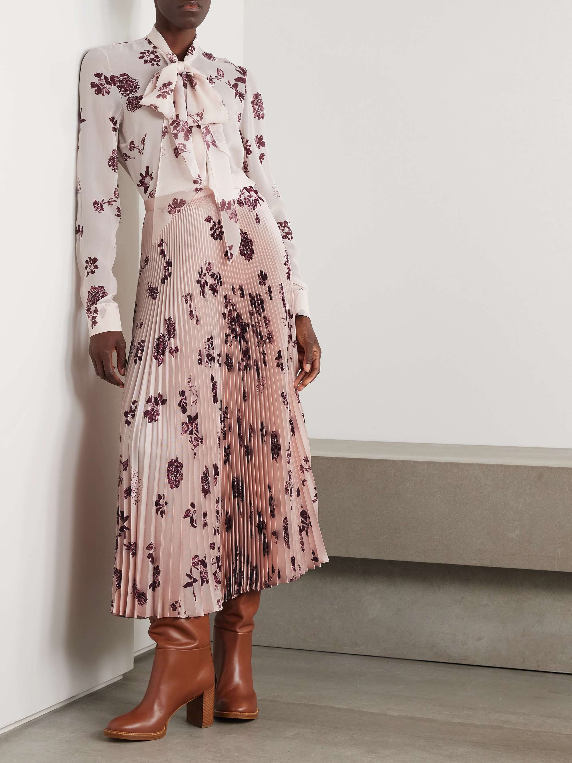 Eames pleated floral-print silk-twill midi skirt view