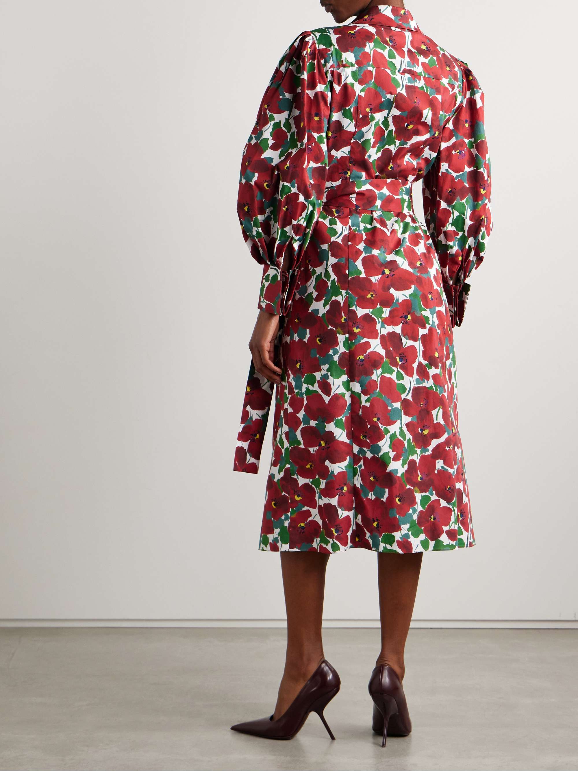 Belted floral-print cotton-blend midi shirt dress view