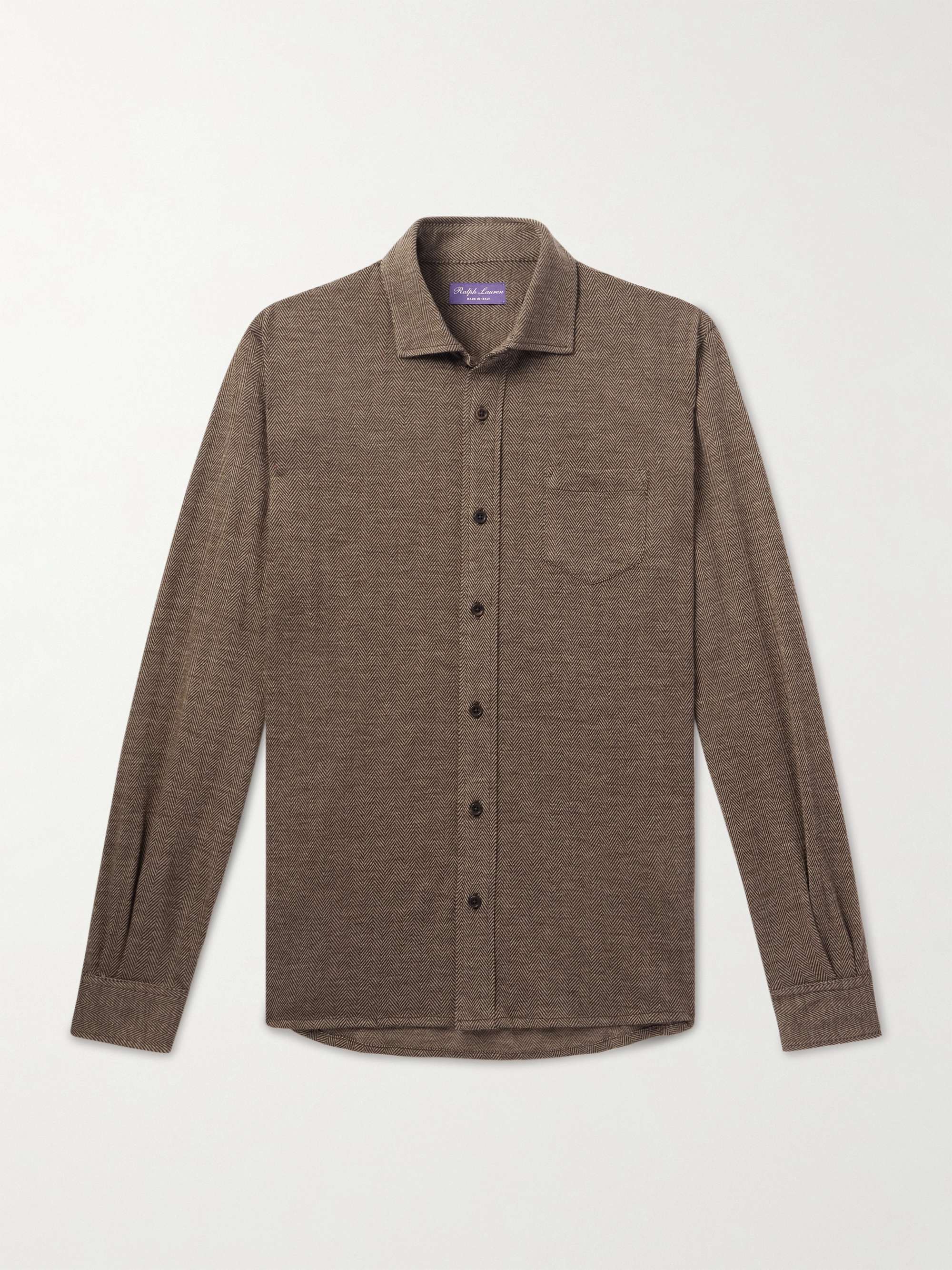 Cut-Away Collar Herringbone Wool and Cotton-Blend Shirt hero visual