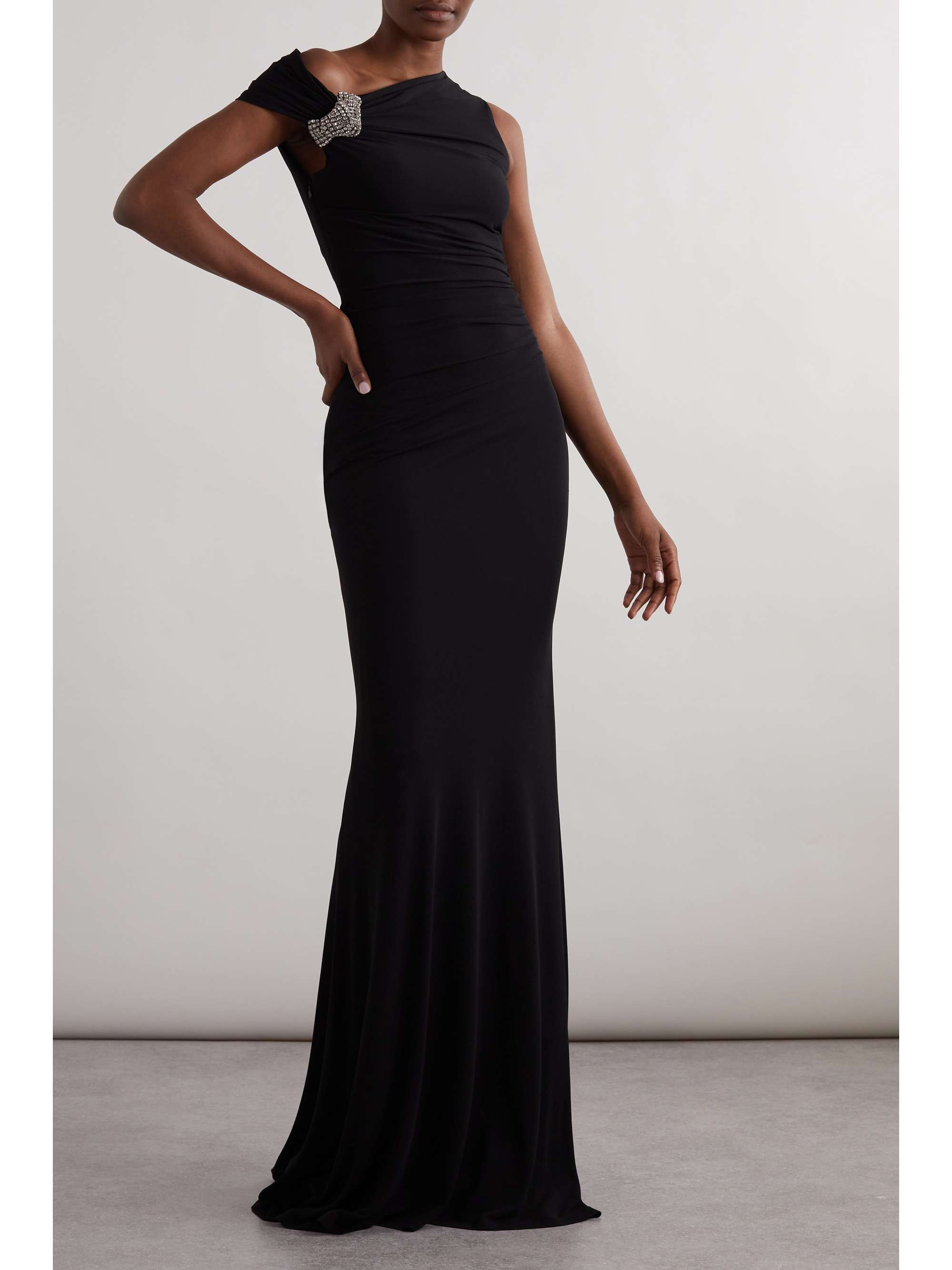 One-shoulder crystal-embellished gathered jersey-crepe gown view