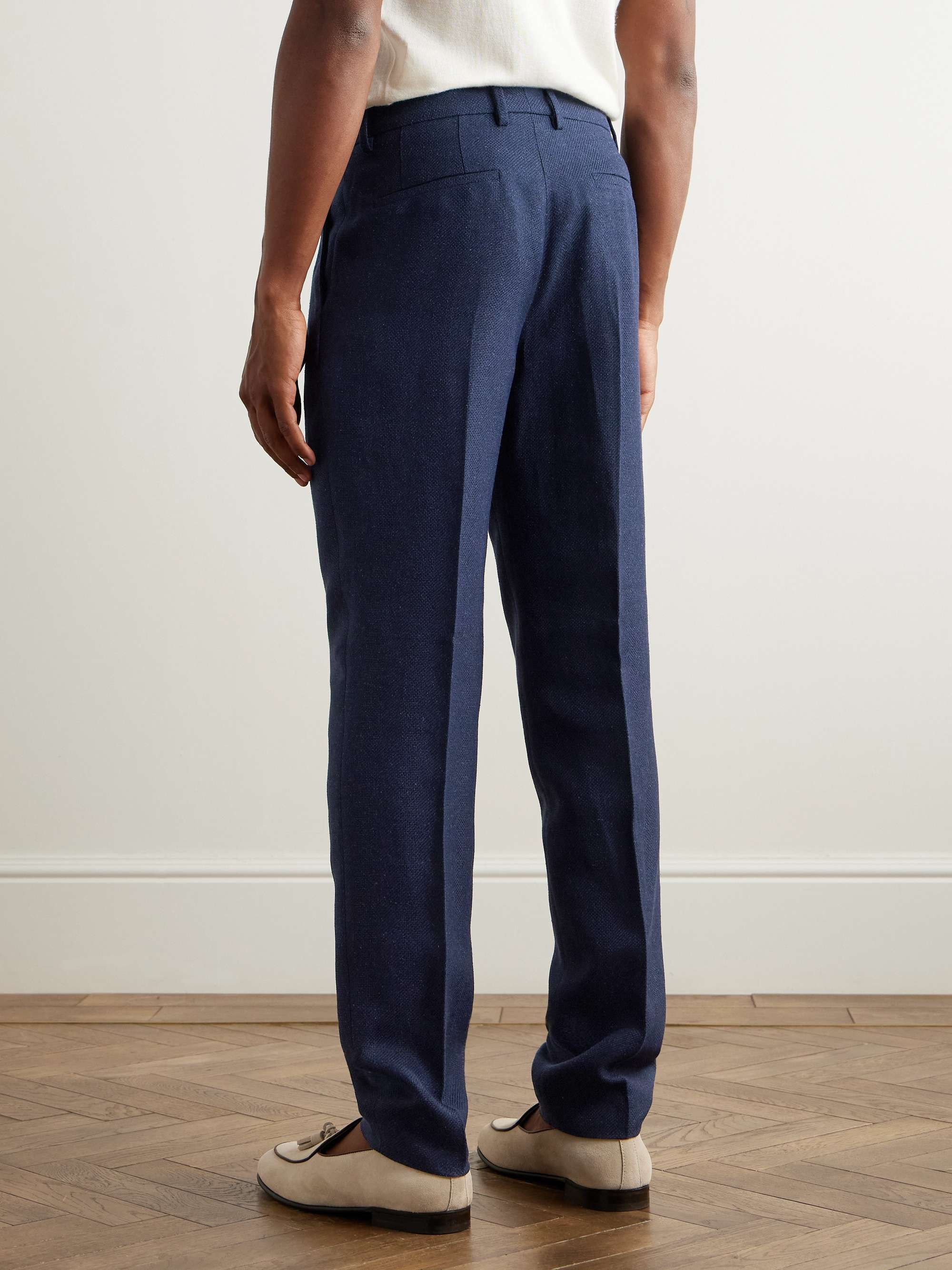Tapered Pleated Striped Linen, Silk, Wool and Cotton-Blend Suit Trousers view