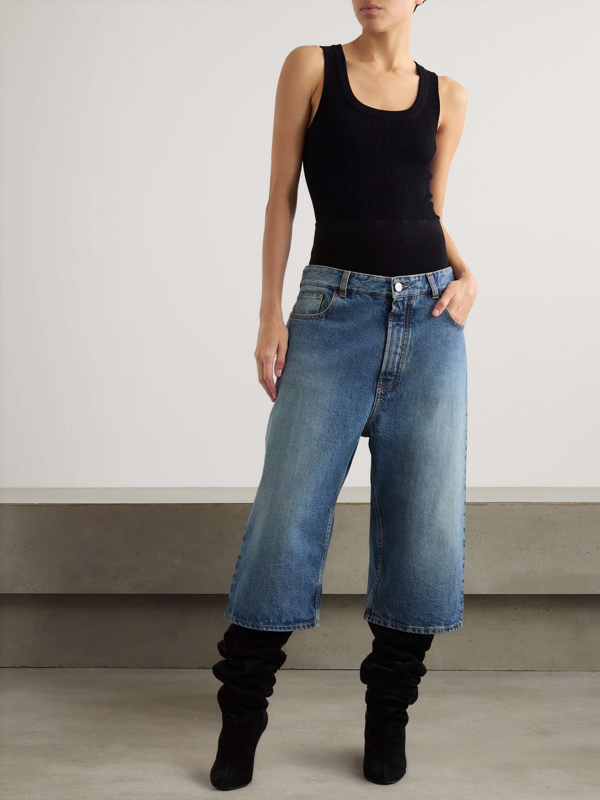 Jersey-trimmed denim shorts view