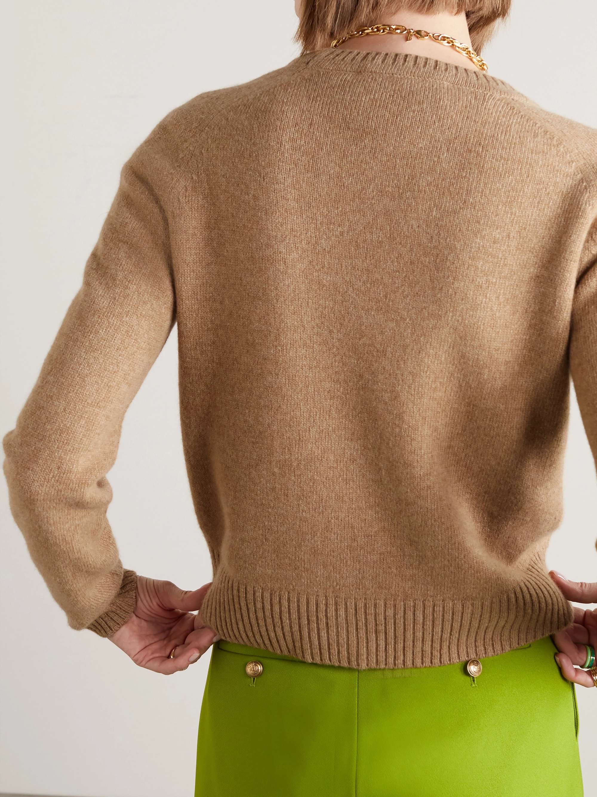 Horsebit-detailed leather-trimmed cashmere cardigan view
