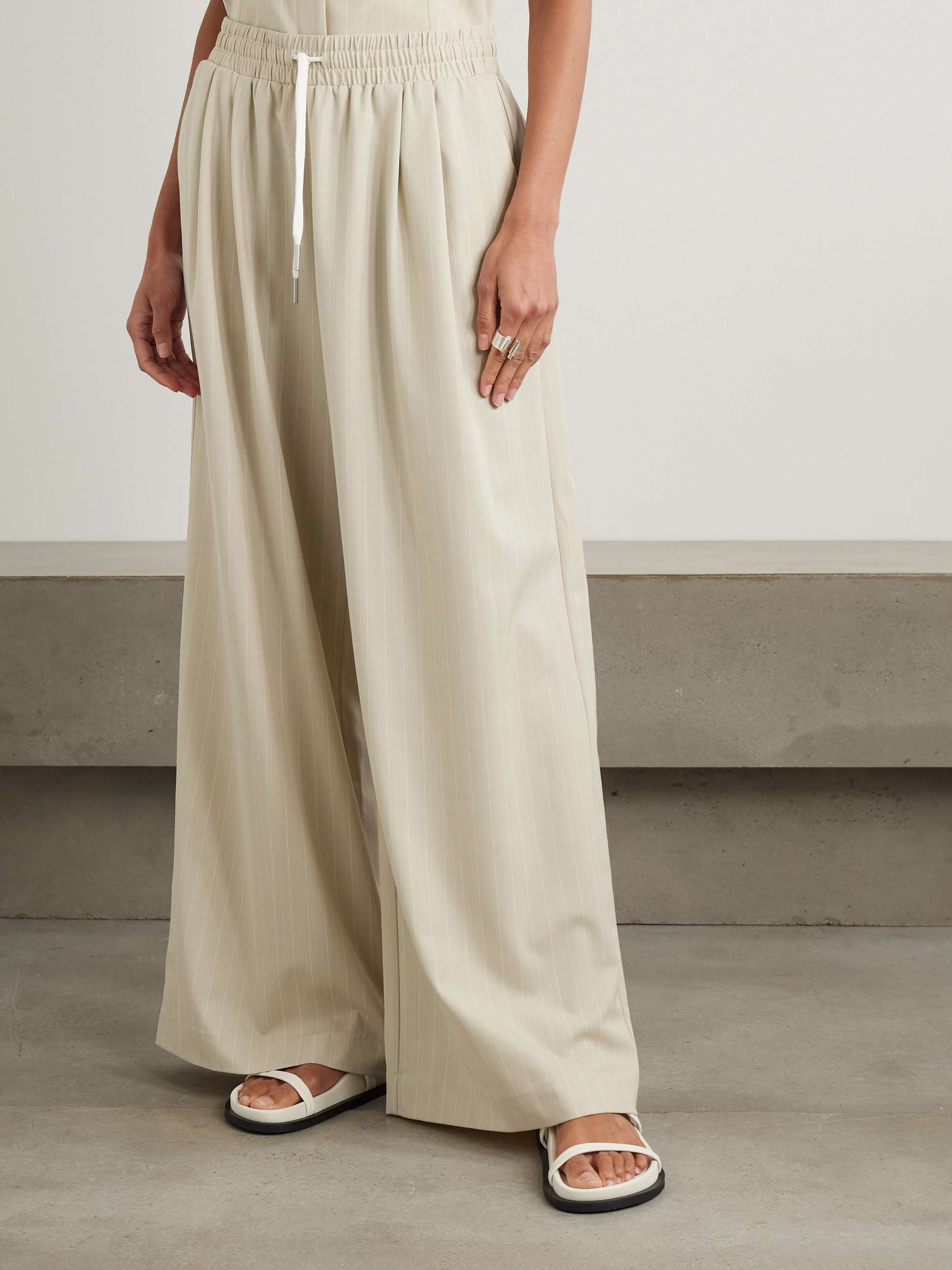 Pinstriped gathered wool-blend wide-leg pants view