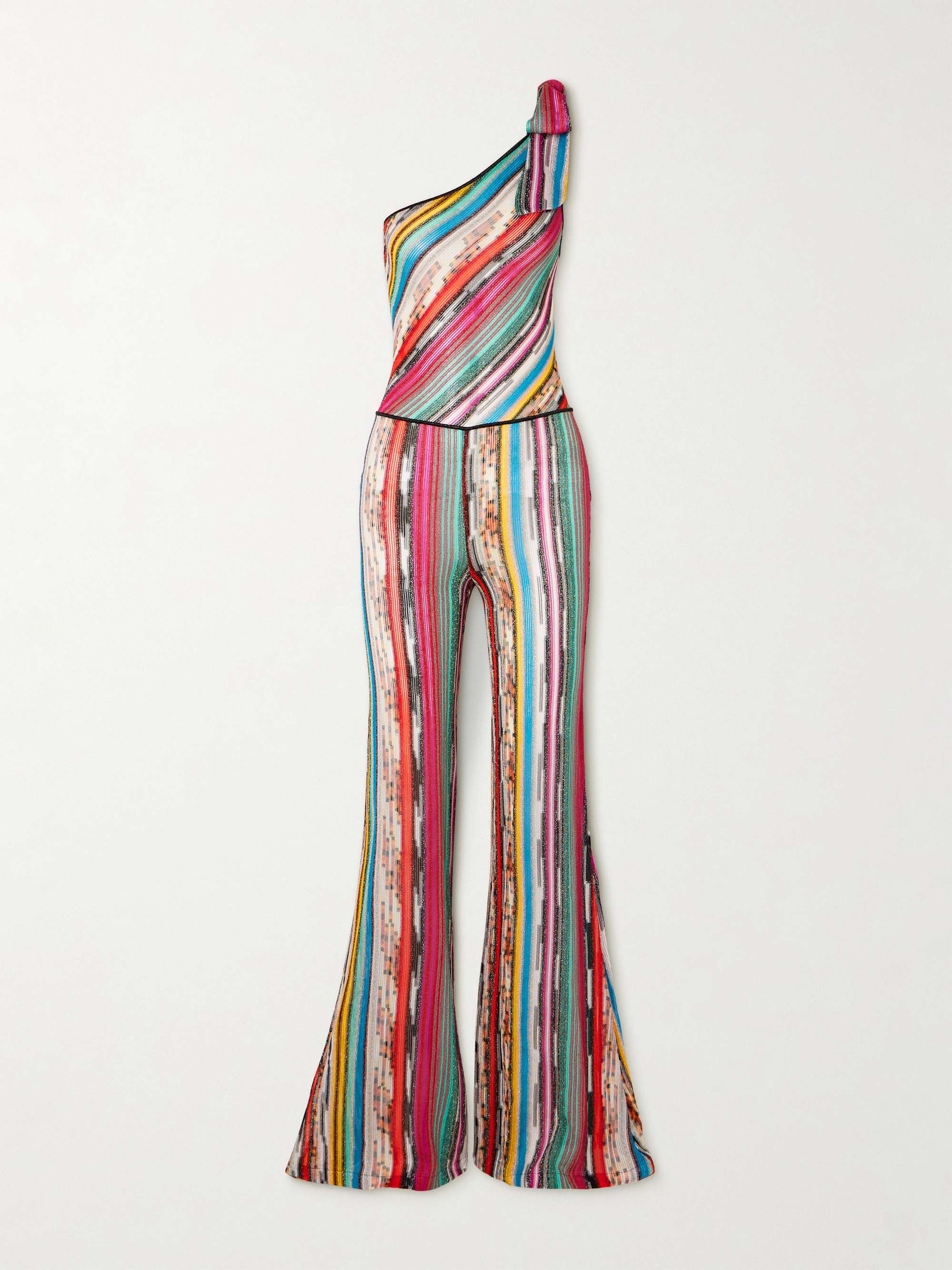 One-shoulder metallic crochet-knit jumpsuit hero visual