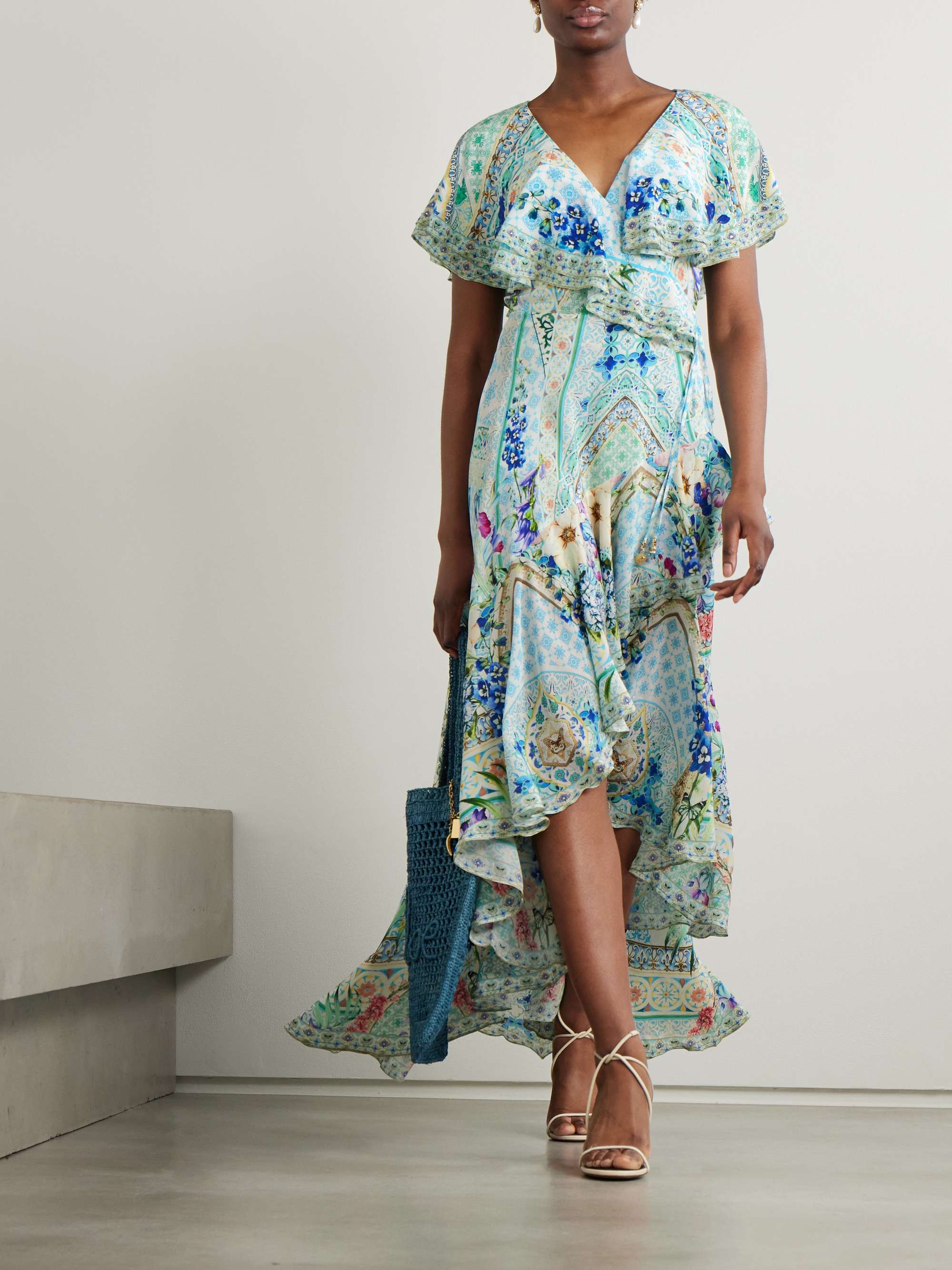 Asymmetric crystal-embellished ruffled silk maxi wrap dress view